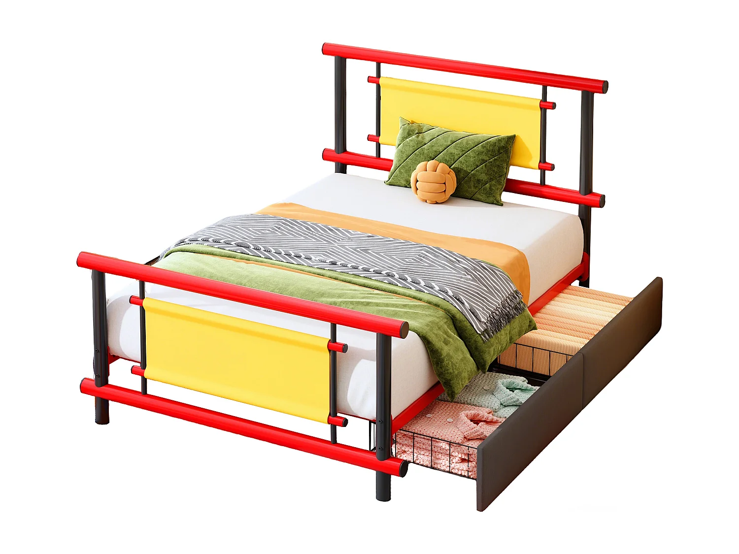 Lit enfant métal 90x200 cm avec tiroirs, lit plateforme coloré, structure acier robuste, gain de place pour chambre fille ou garçon - Rouge