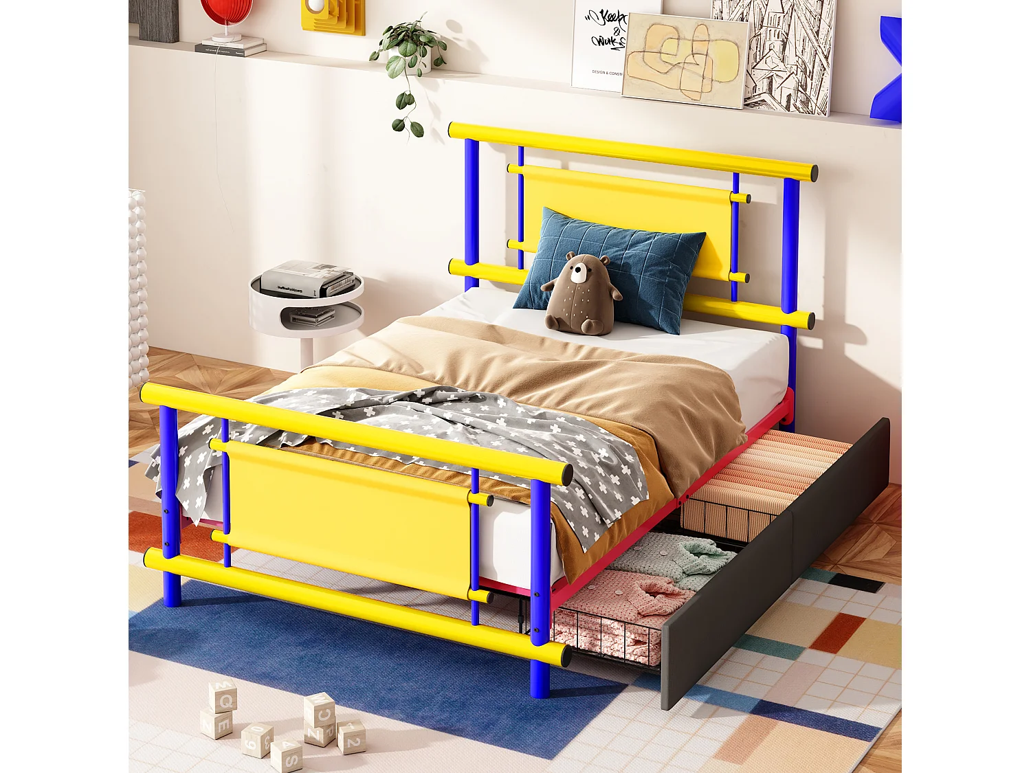 Lit enfant métal 90x200 cm avec tiroirs, lit plateforme coloré, structure acier robuste, gain de place pour chambre fille ou garçon - Bleu