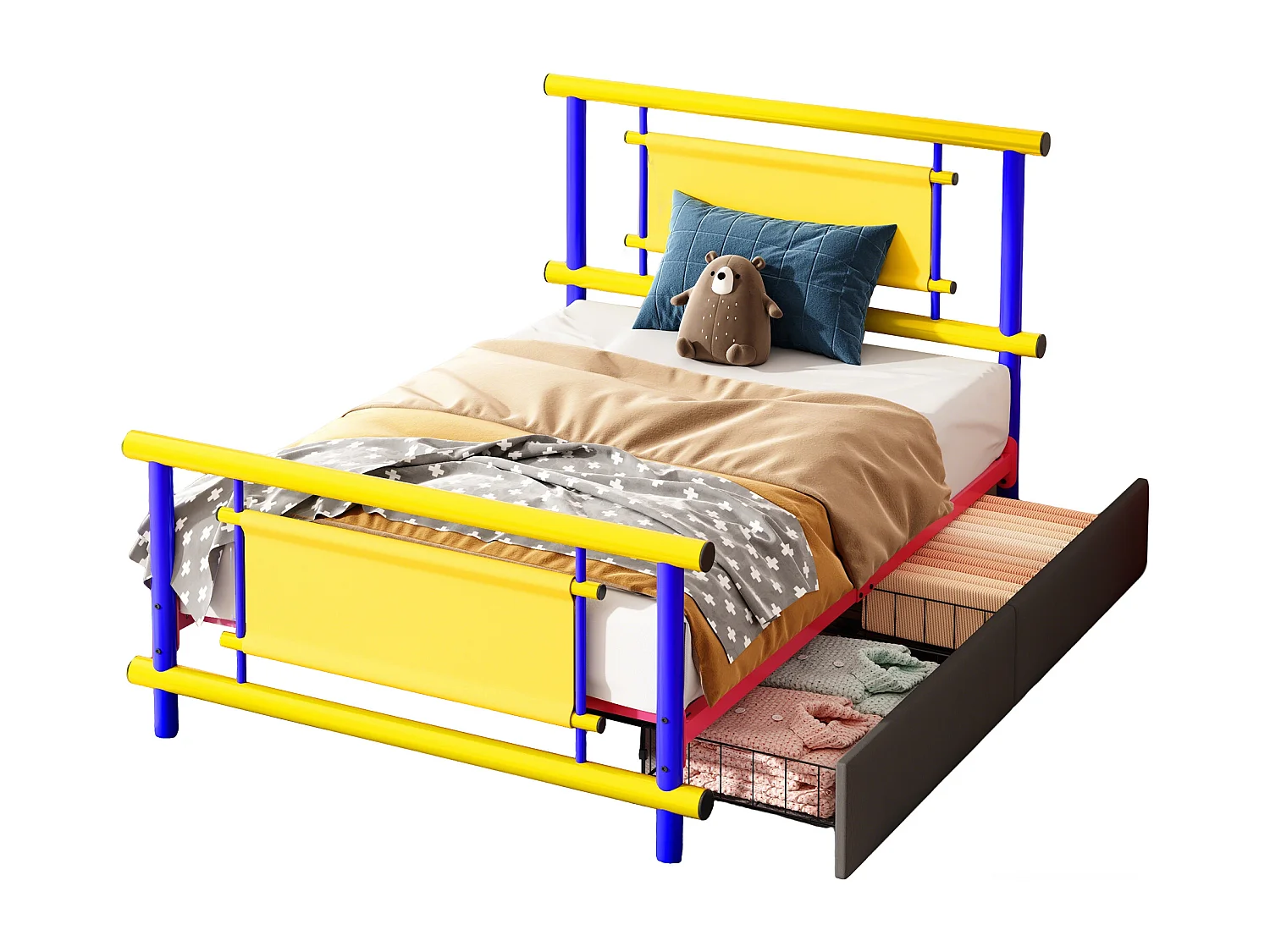 Lit enfant métal 90x200 cm avec tiroirs, lit plateforme coloré, structure acier robuste, gain de place pour chambre fille ou garçon - Bleu
