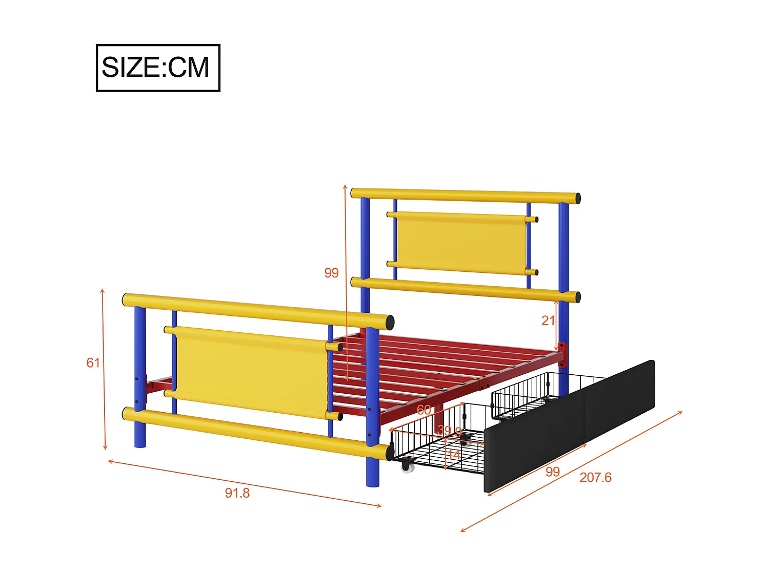 Lit enfant métal 90x200 cm avec tiroirs, lit plateforme coloré, structure acier robuste, gain de place pour chambre fille ou garçon - Bleu