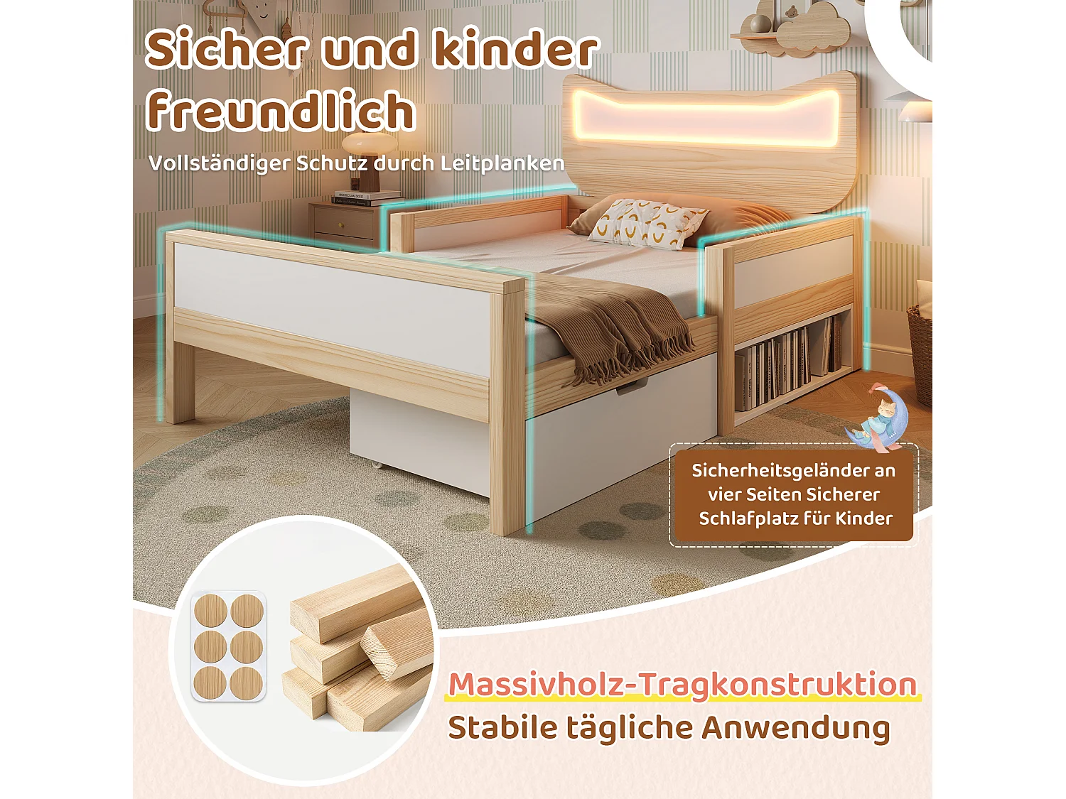 Lit coffre enfant 90x200cm avec tête lit oreilles de chat éclairage LED tiroir rangement montable gauche droite barrières sécurité, bois blanc chêne