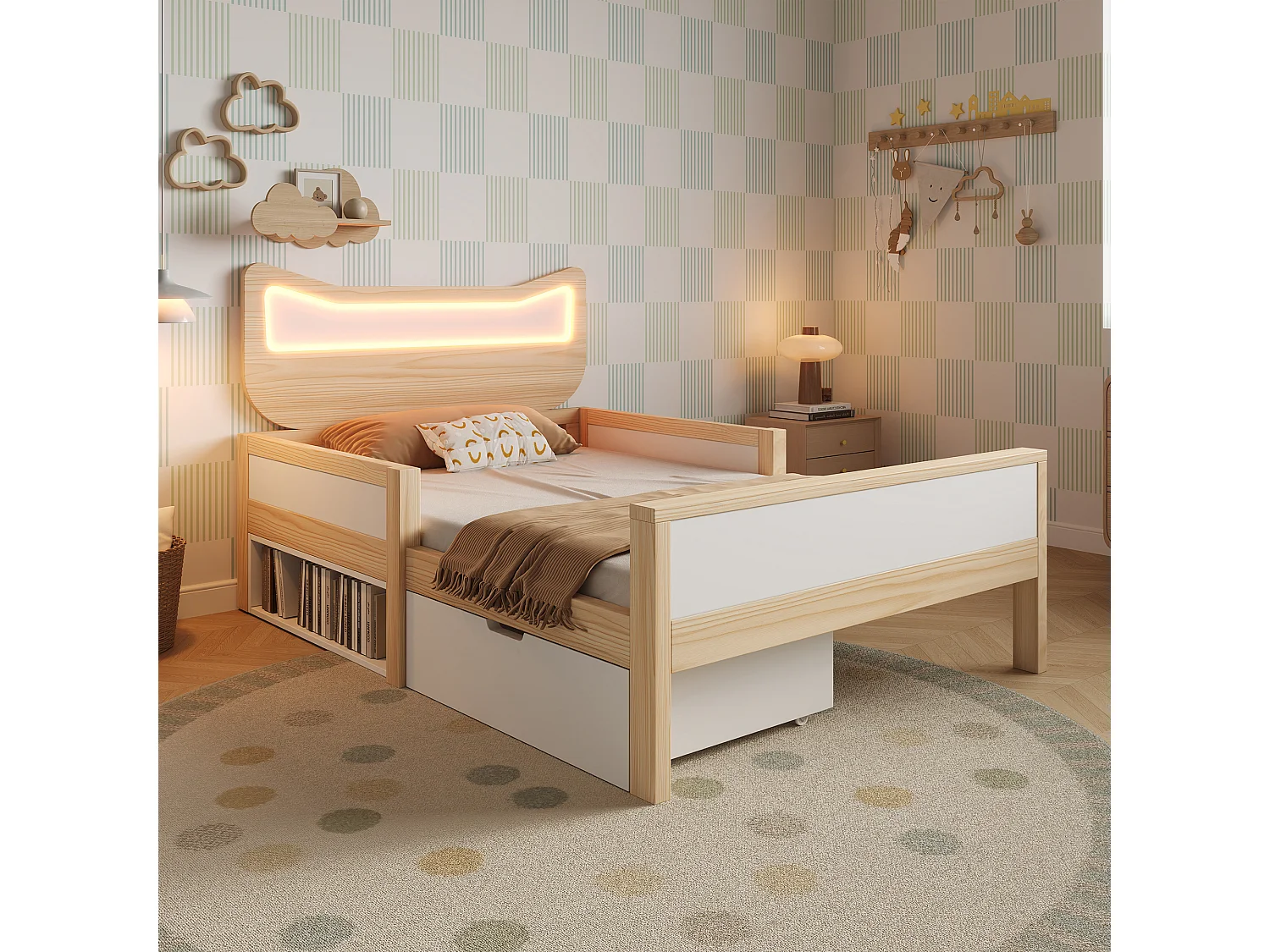 Lit coffre enfant 90x200cm avec tête lit oreilles de chat éclairage LED tiroir rangement montable gauche droite barrières sécurité, bois blanc chêne