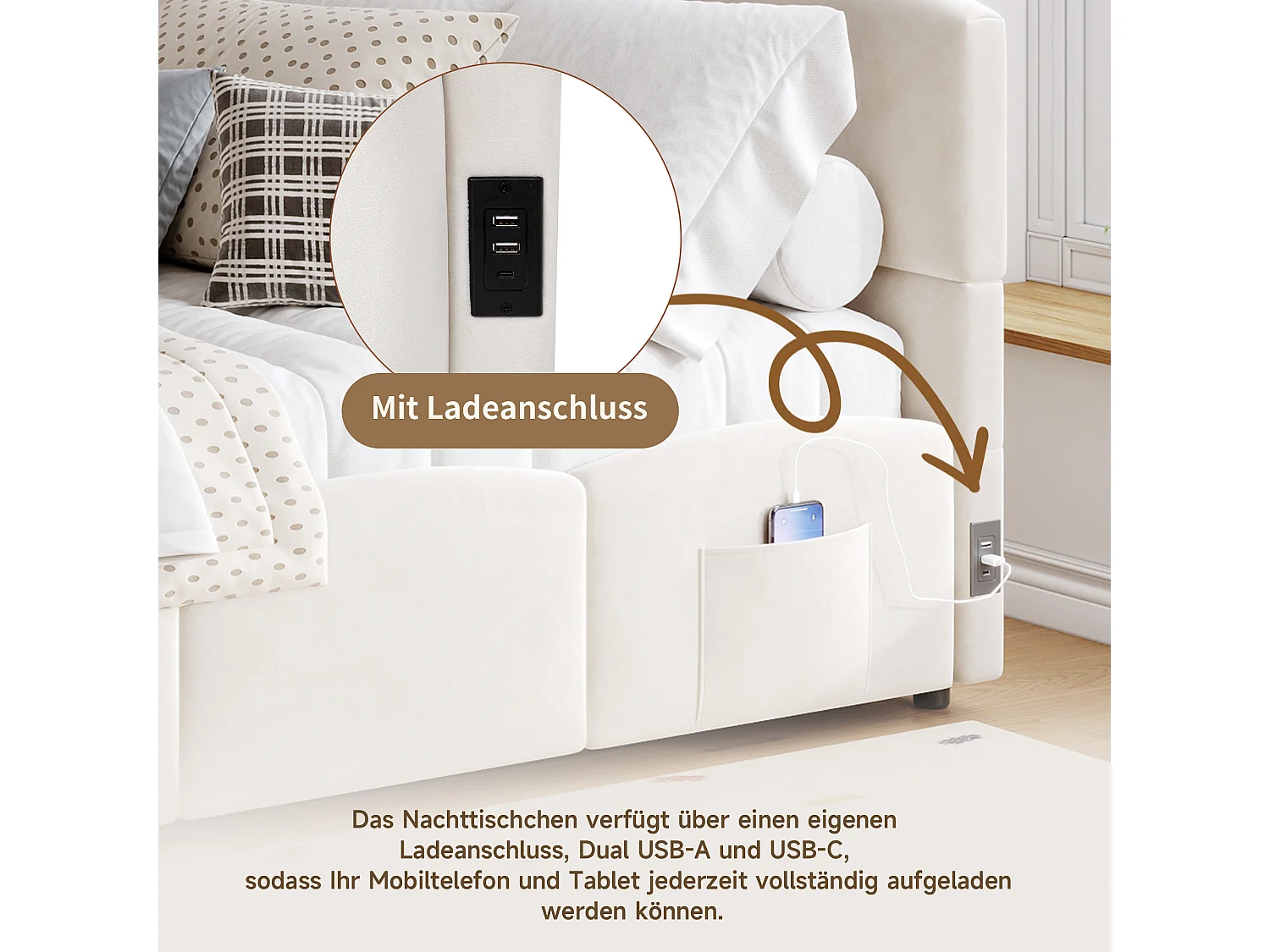Lit coffre rembourré 140x190 cm avec sommier, USB, poche de rangement, canapé-lit convertible, velours , beige