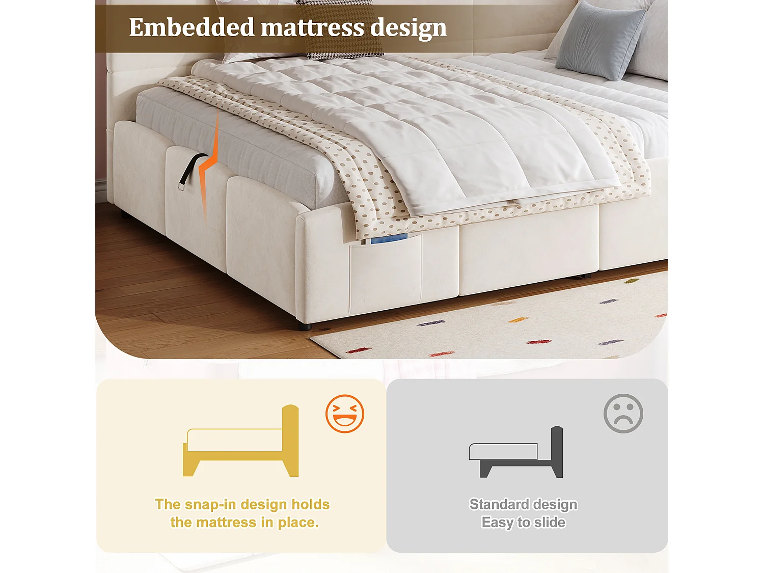 Lit coffre rembourré 140x190 cm avec sommier, USB, poche de rangement, canapé-lit convertible, velours , beige