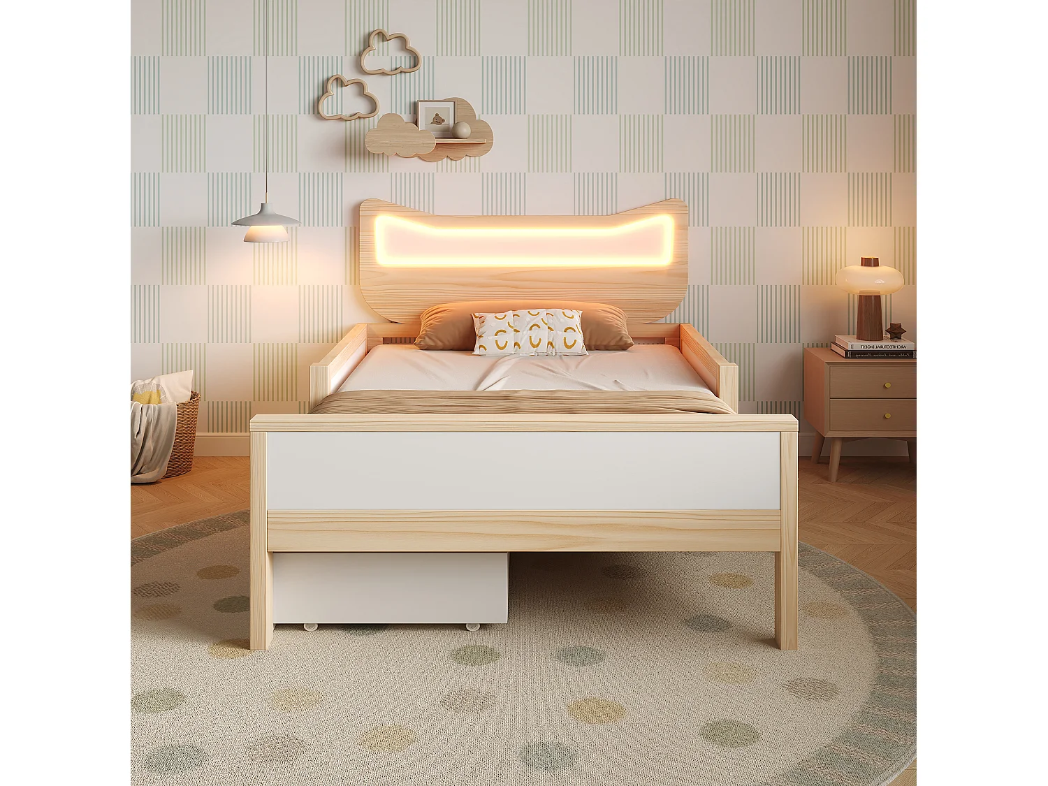 Lit coffre enfant 90x190cm avec tête lit oreilles de chat éclairage LED tiroir rangement montable gauche droite barrières sécurité, bois blanc chêne
