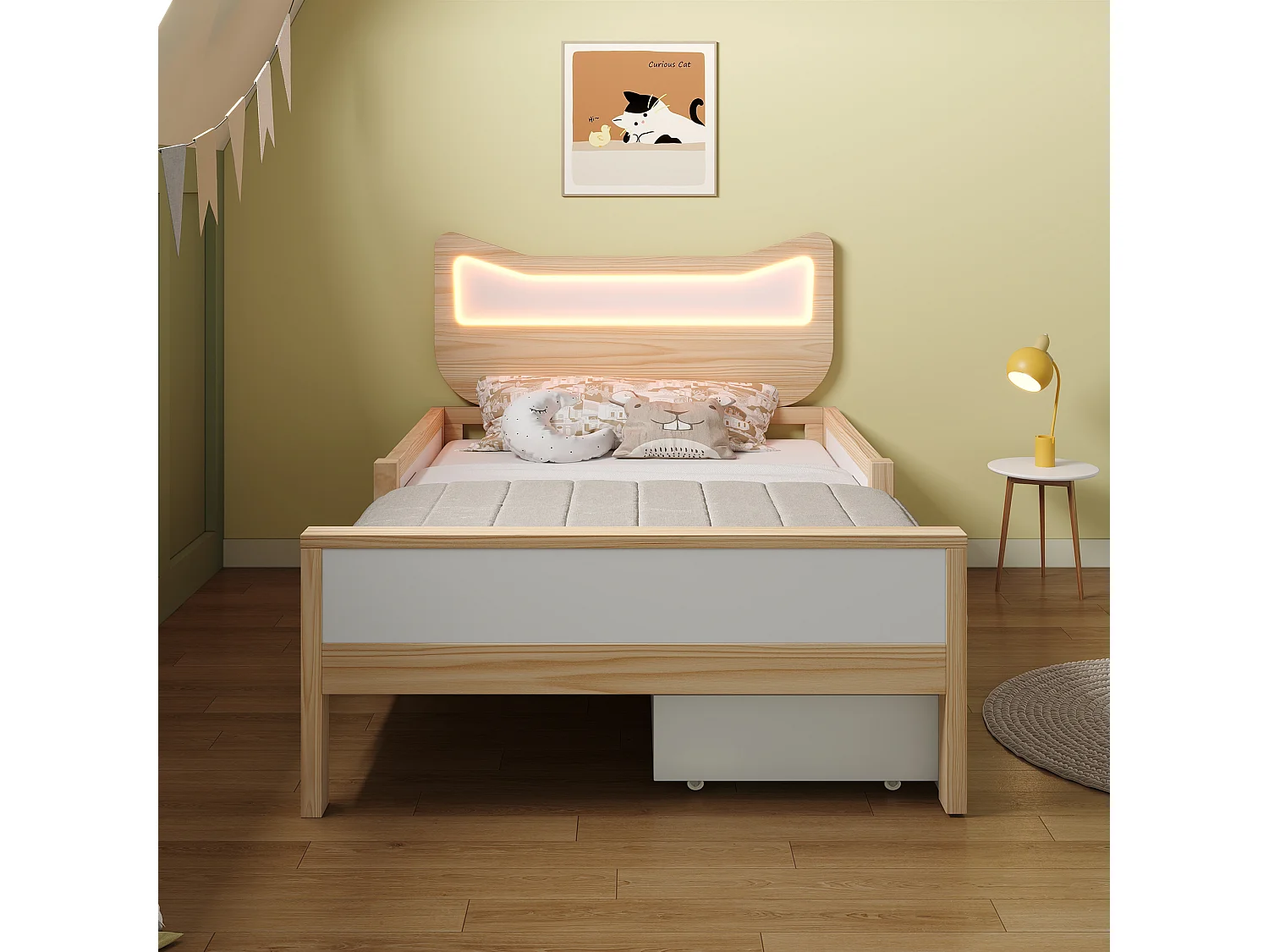 Lit coffre enfant 90x190cm avec tête lit oreilles de chat éclairage LED tiroir rangement montable gauche droite barrières sécurité, bois blanc chêne