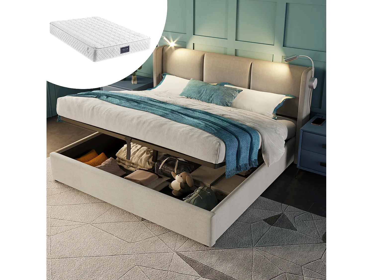 Lit coffre double 140x200 cm en tissu lin avec matelas, lampe de lecture, port USB, tête de lit et sommier à lattes
