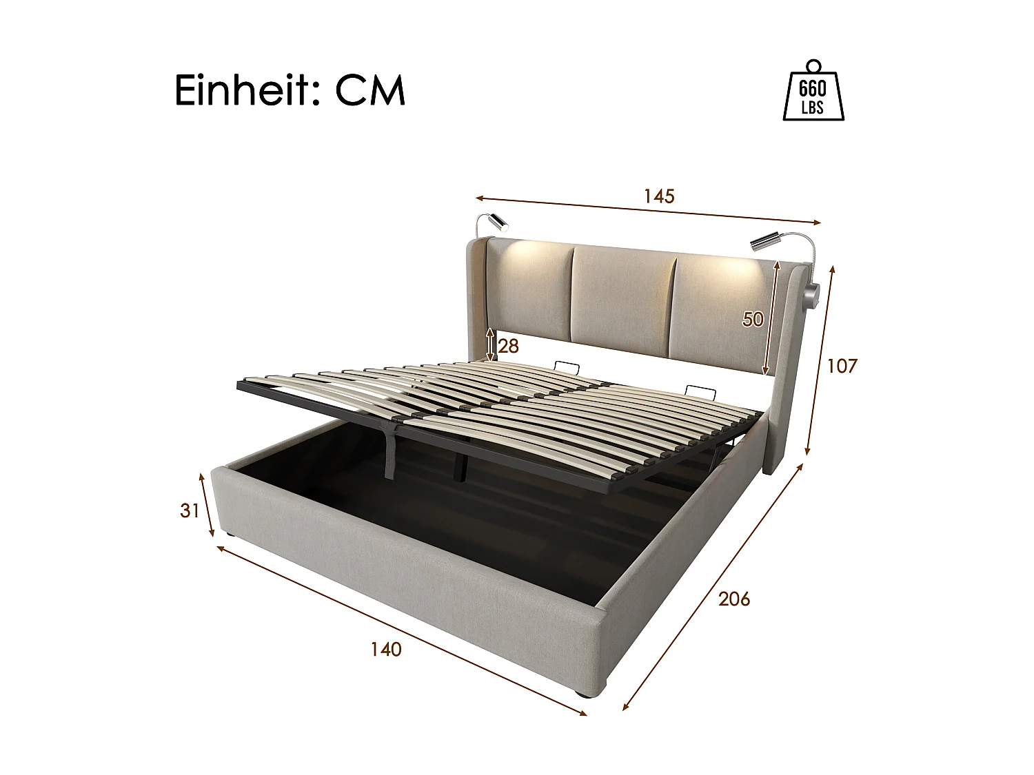 Lit coffre double 140x200 cm en tissu lin avec matelas, lampe de lecture, port USB, tête de lit et sommier à lattes