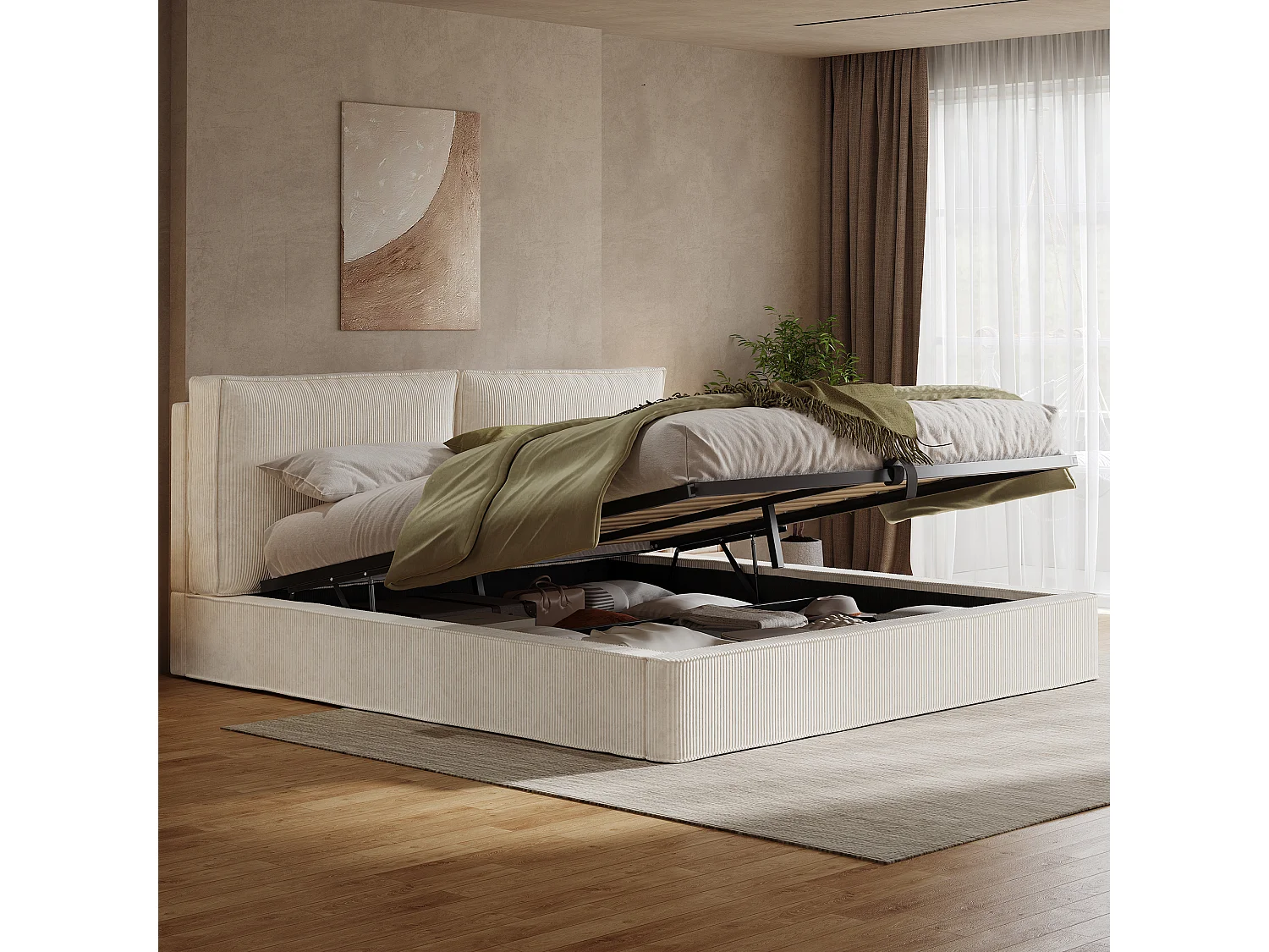 Lit coffre rembourrée 180x200 cm avec tête de lit, rangement intégré, Velours côtelé, beige