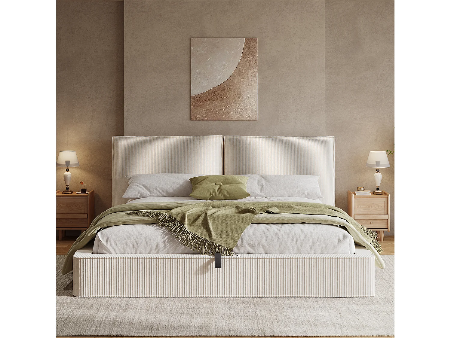 Lit coffre rembourrée 180x200 cm avec tête de lit, rangement intégré, Velours côtelé, beige