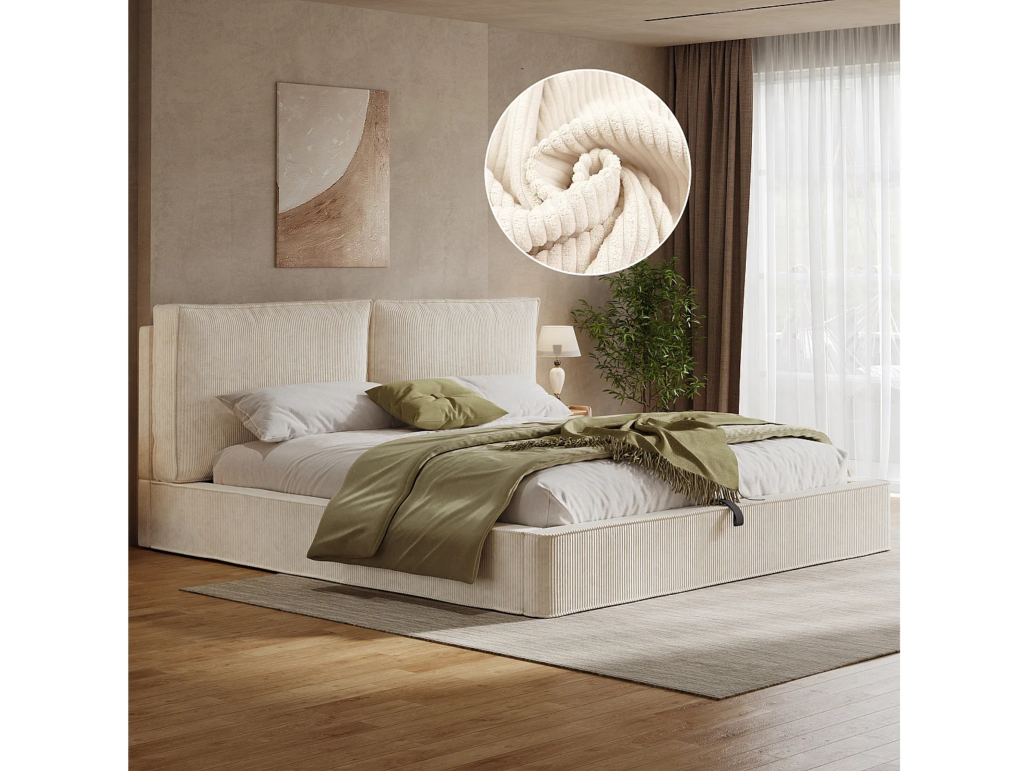 Lit coffre rembourrée 180x200 cm avec tête de lit, rangement intégré, Velours côtelé, beige