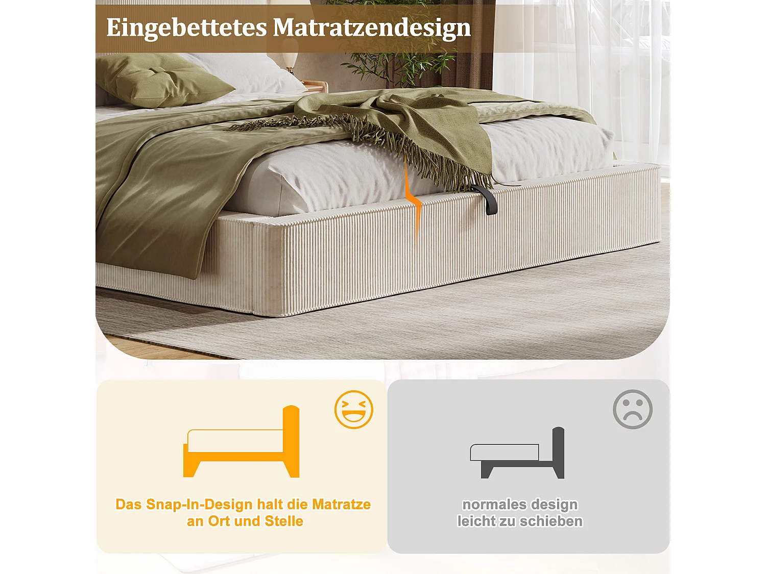 Lit coffre rembourrée 180x200 cm avec tête de lit, rangement intégré, Velours côtelé, beige