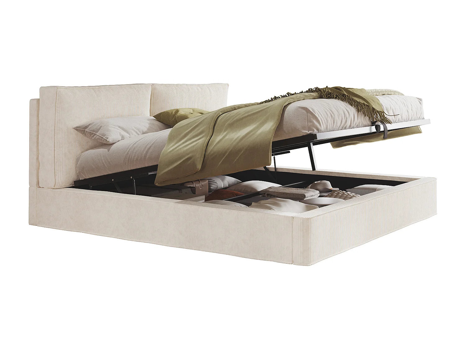 Lit coffre rembourrée 180x200 cm avec tête de lit, rangement intégré, Velours côtelé, beige