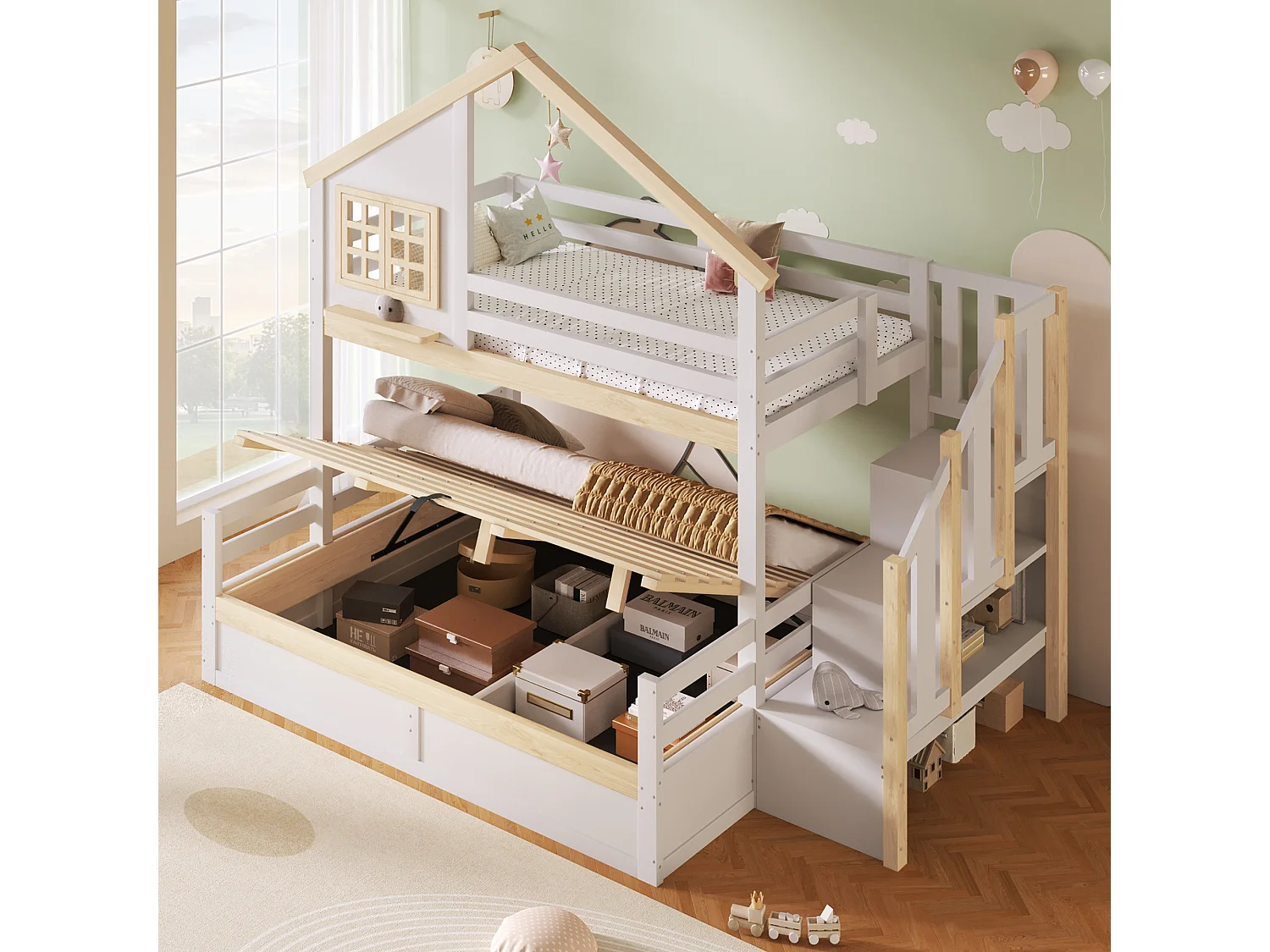 Lit superposé 90x200 cm + 140x200 cm avec échelle de rangement, lit avec grille de sécurité, décoration fenêtre et maison, blanc et naturel