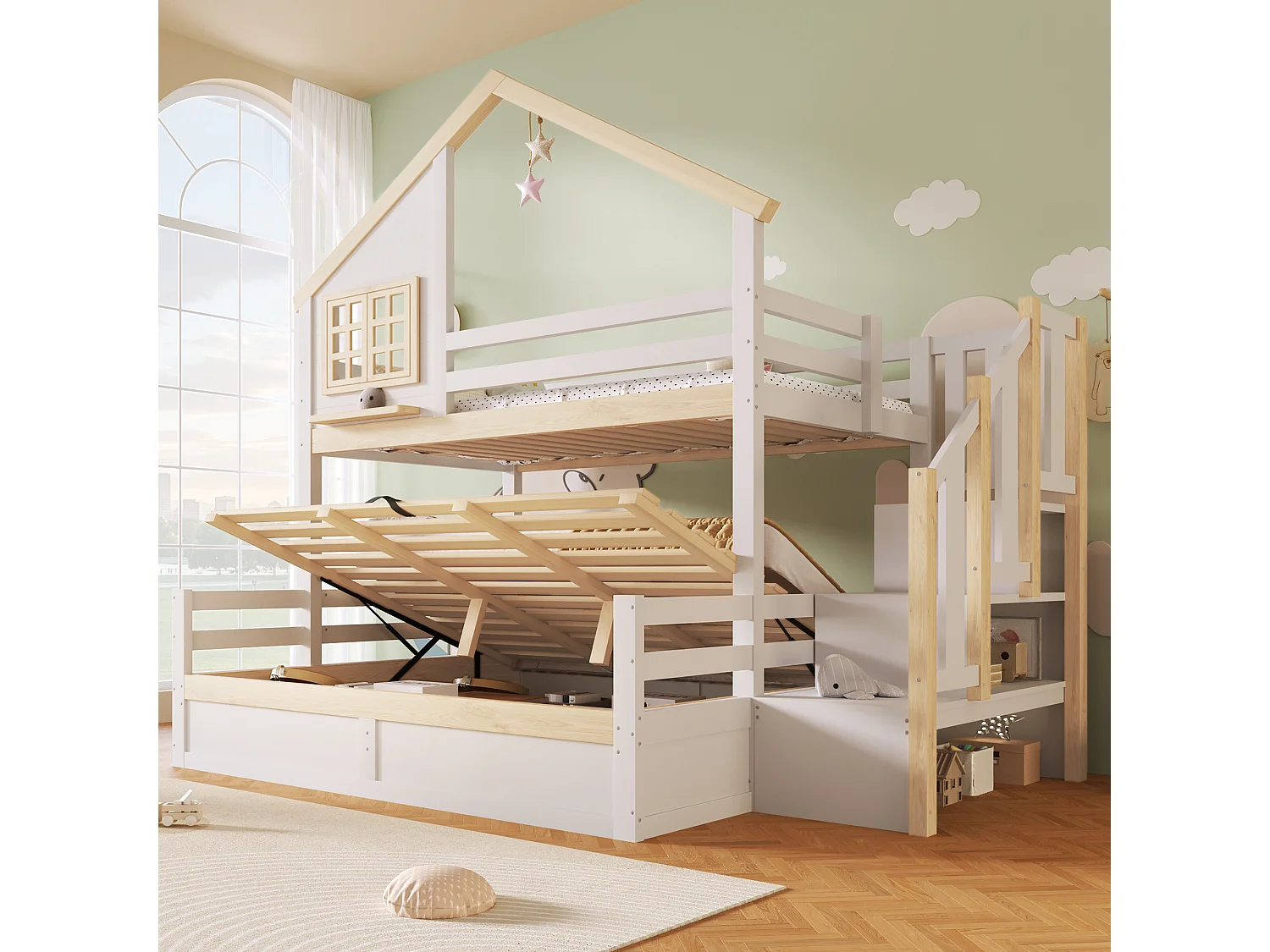 Lit superposé 90x200 cm + 140x200 cm avec échelle de rangement, lit avec grille de sécurité, décoration fenêtre et maison, blanc et naturel