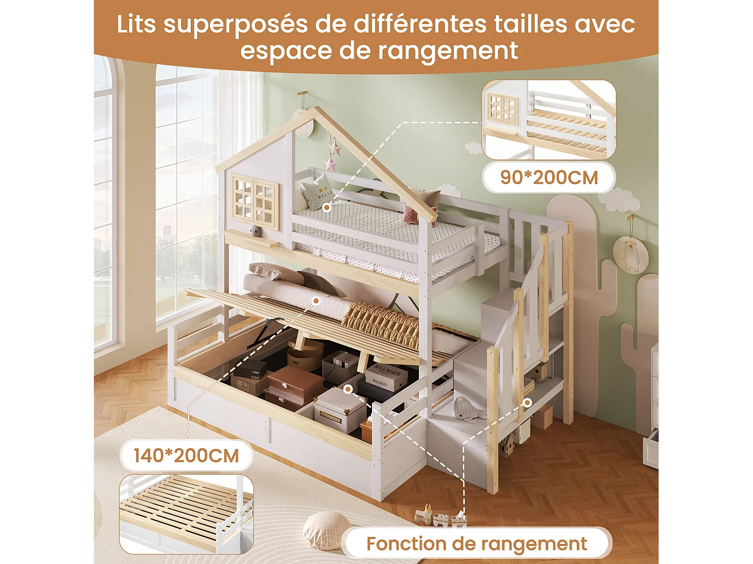 Lit superposé 90x200 cm + 140x200 cm avec échelle de rangement, lit avec grille de sécurité, décoration fenêtre et maison, blanc et naturel