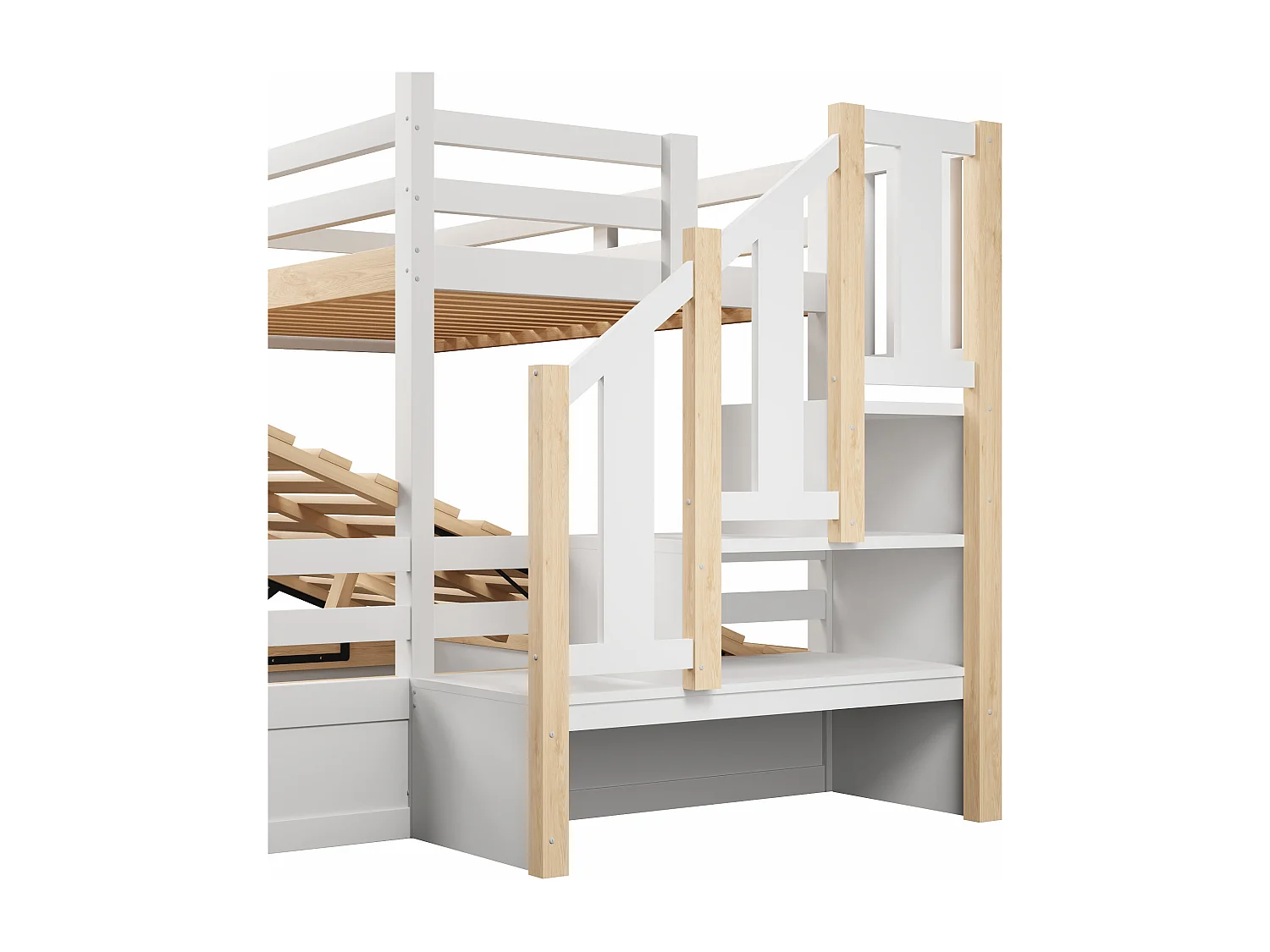 Lit superposé 90x200 cm + 140x200 cm avec échelle de rangement, lit avec grille de sécurité, décoration fenêtre et maison, blanc et naturel