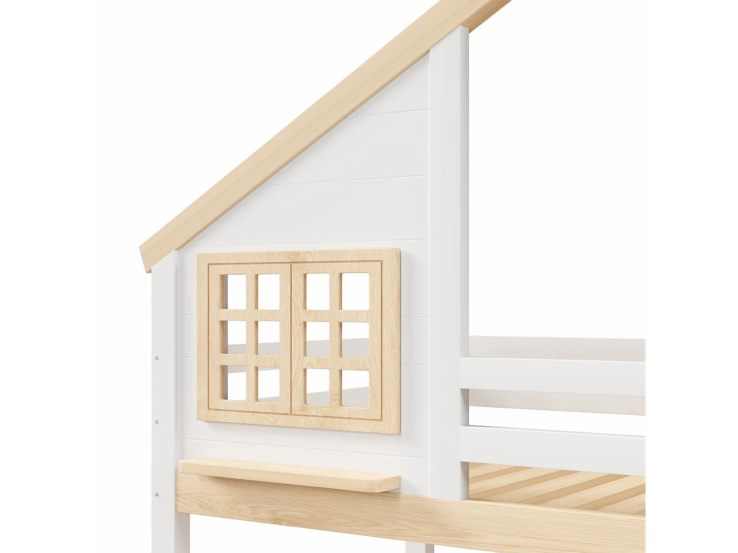 Lit superposé 90x200 cm + 140x200 cm avec échelle de rangement, lit avec grille de sécurité, décoration fenêtre et maison, blanc et naturel