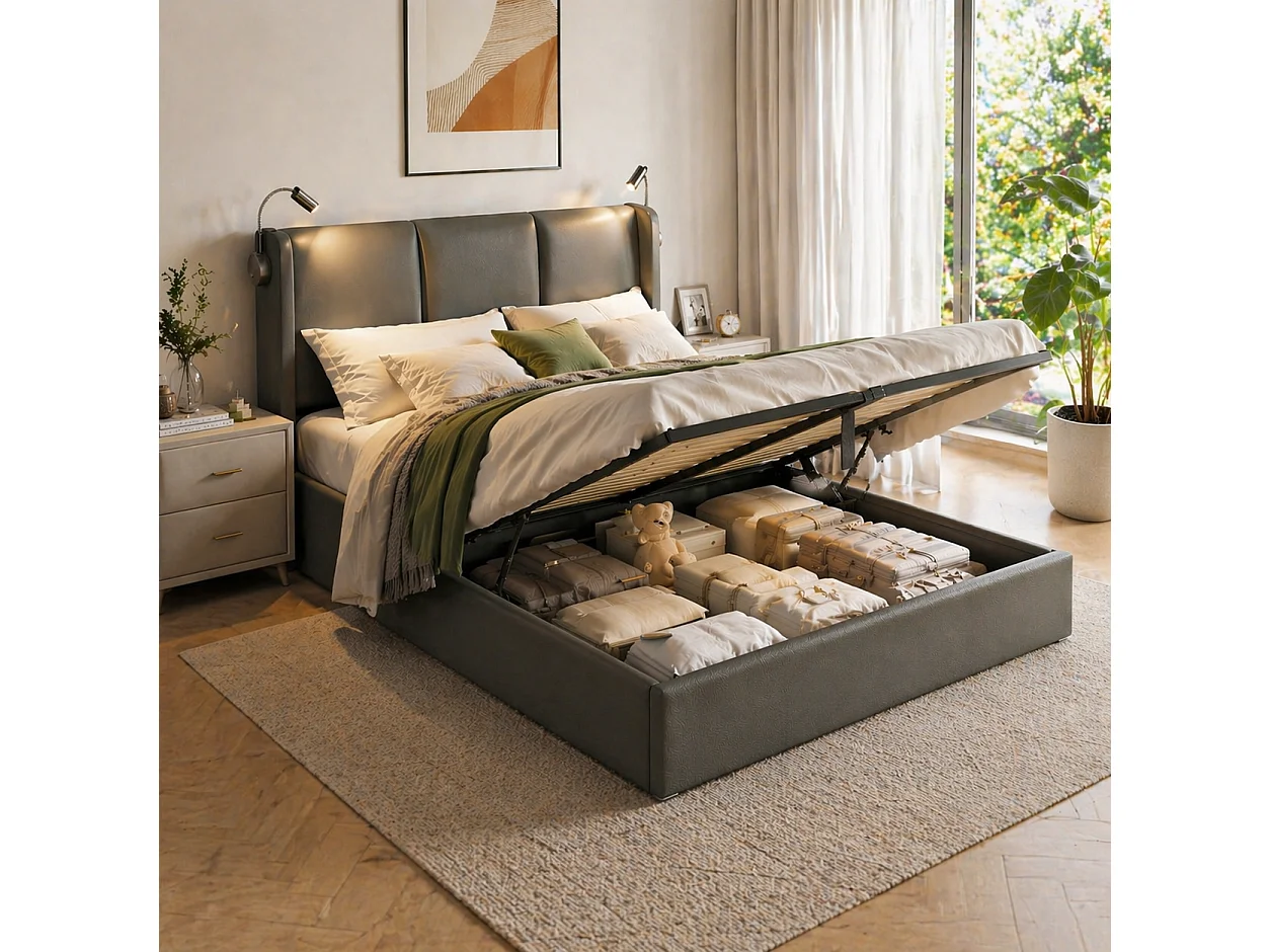 Lit coffre double 160x200 cm rembourré PU avec lampe de lecture, USB, tête de lit et sommier à lattes, sans matelas -Gris
