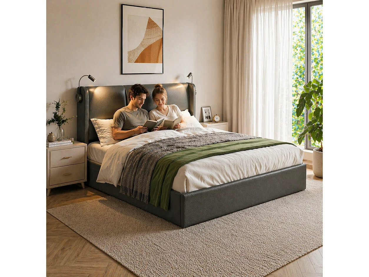 Lit coffre double 160x200 cm rembourré PU avec lampe de lecture, USB, tête de lit et sommier à lattes, sans matelas -Gris