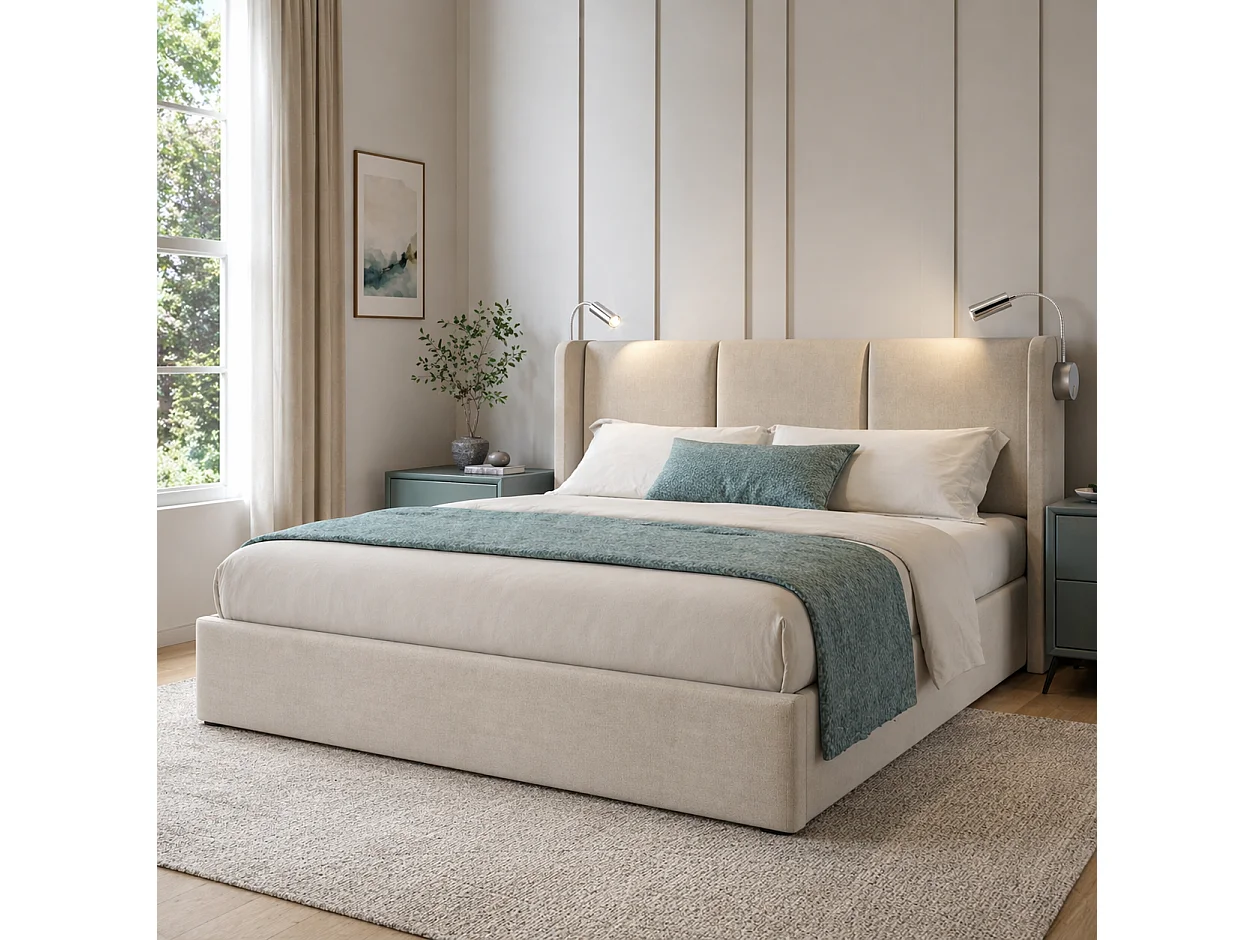Lit coffre double 160x200 cm en tissu lin avec lampe de lecture, port USB, tête de lit et sommier à lattes, sans matelas