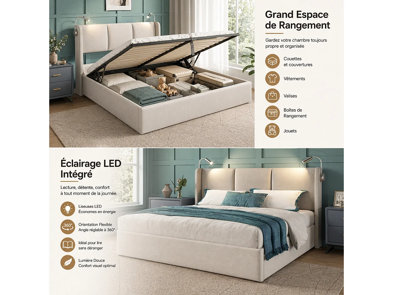 Lit coffre double 160x200 cm en tissu lin avec lampe de lecture, port USB, tête de lit et sommier à lattes, sans matelas