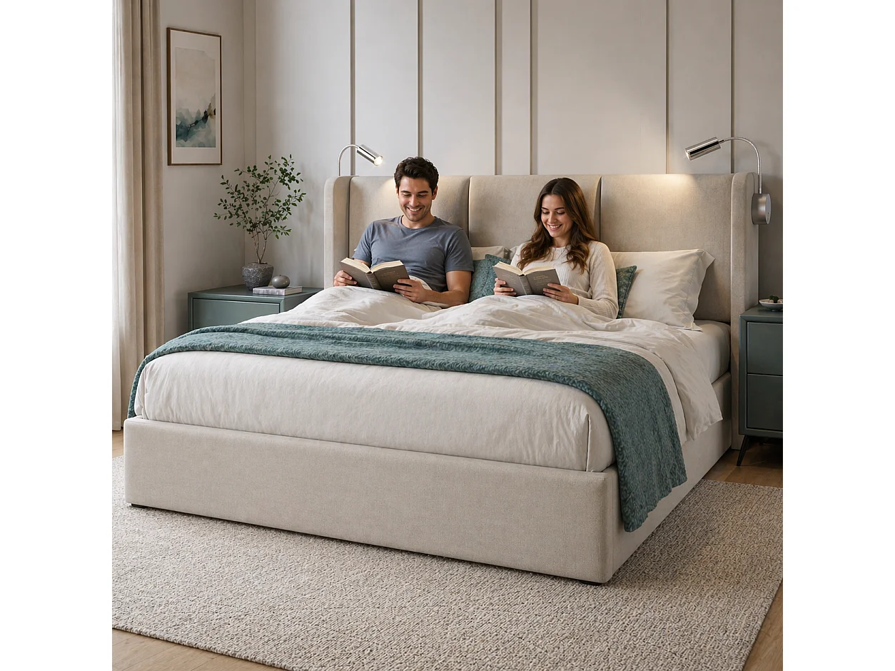 Lit coffre double 160x200 cm en tissu lin avec lampe de lecture, port USB, tête de lit et sommier à lattes, sans matelas