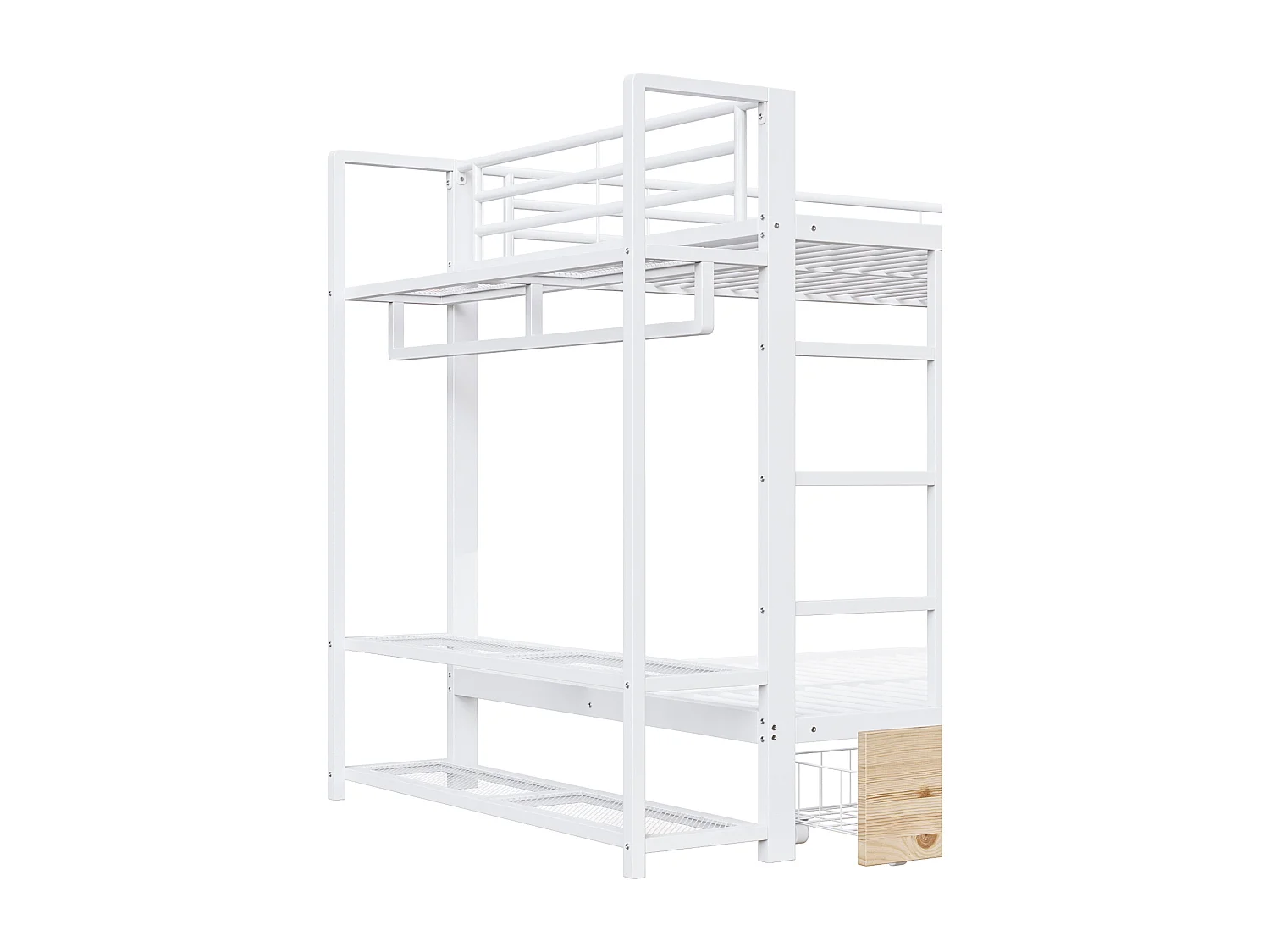 Lit superposé 140x200 cm en métal avec 2 tiroirs, étagères et penderie, éclairage LED, blanc