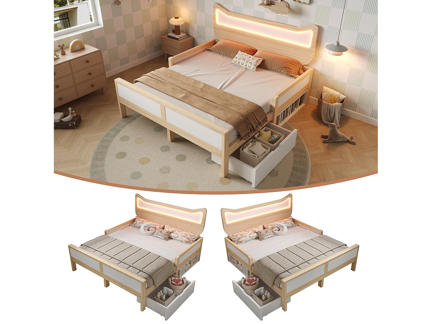 Lit coffre enfant 140x200cm avec tête lit oreilles de chat éclairage LED tiroir rangement montable gauche droite barrières sécurité, bois blanc chêne