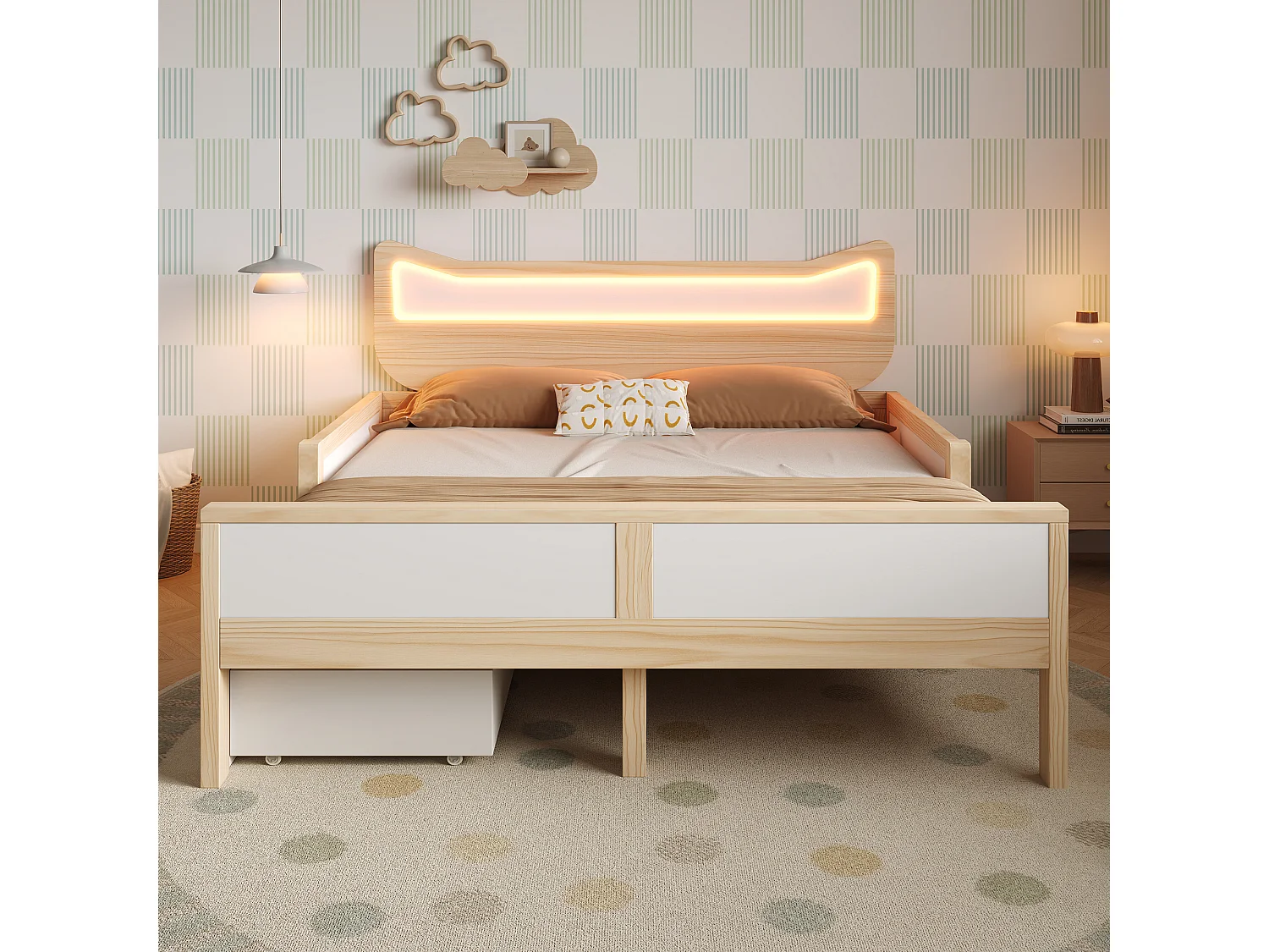 Lit coffre enfant 140x200cm avec tête lit oreilles de chat éclairage LED tiroir rangement montable gauche droite barrières sécurité, bois blanc chêne