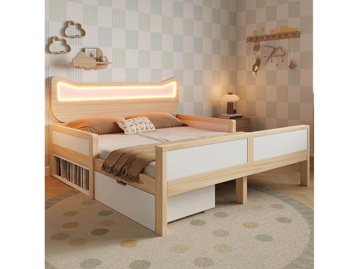 Lit coffre enfant 140x200cm avec tête lit oreilles de chat éclairage LED tiroir rangement montable gauche droite barrières sécurité, bois blanc chêne