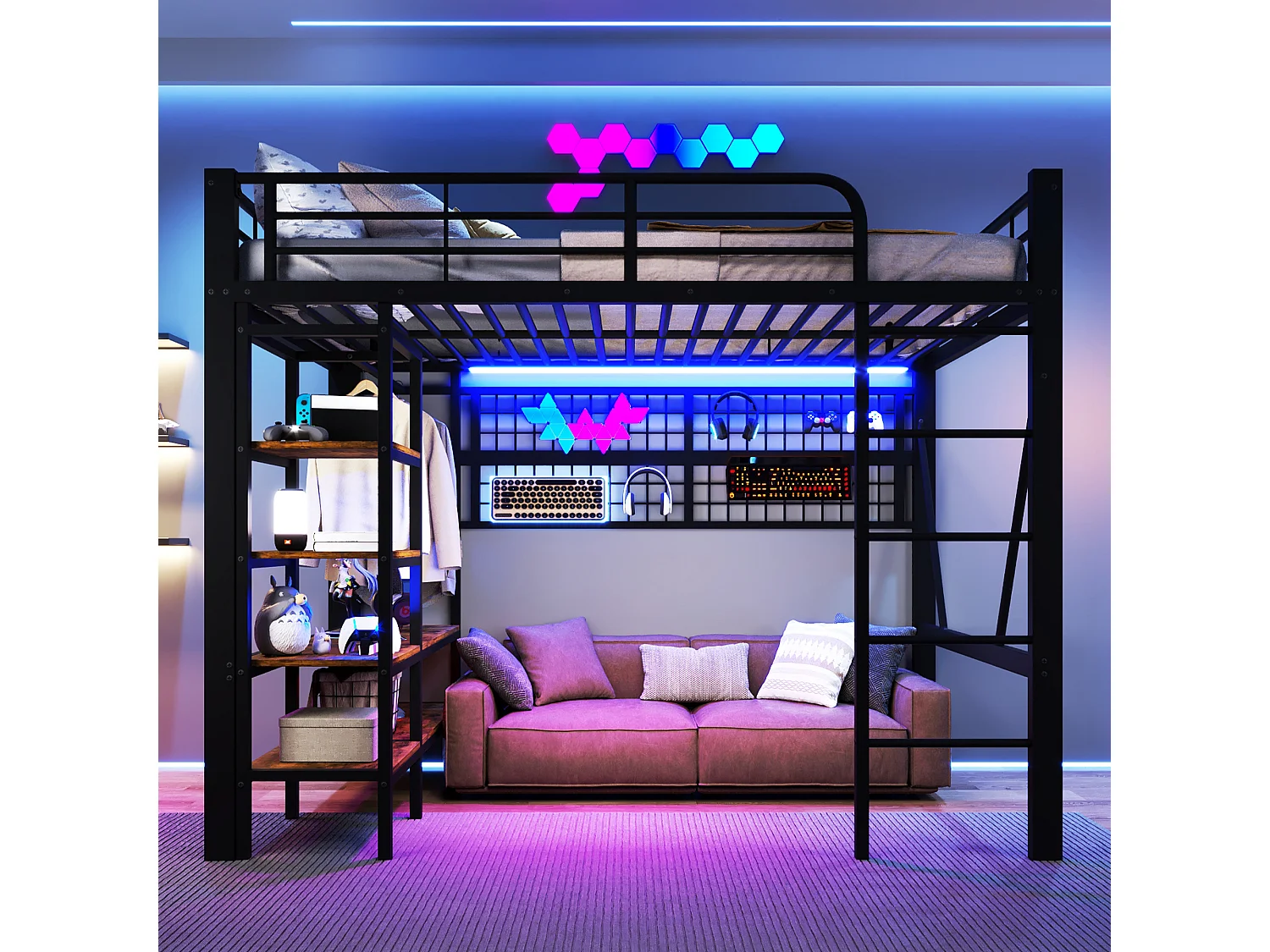 Lit Mezzanine 140x200cm - Multifonction avec Rangements - LED Intégrées - Filet Suspendu et Barre pour Vêtements - Structure Métallique - Noir