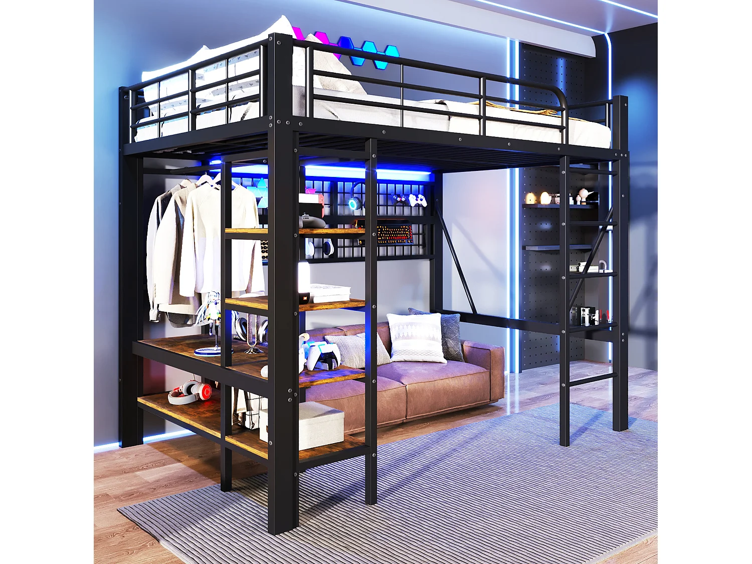 Lit Mezzanine 140x200cm - Multifonction avec Rangements - LED Intégrées - Filet Suspendu et Barre pour Vêtements - Structure Métallique - Noir