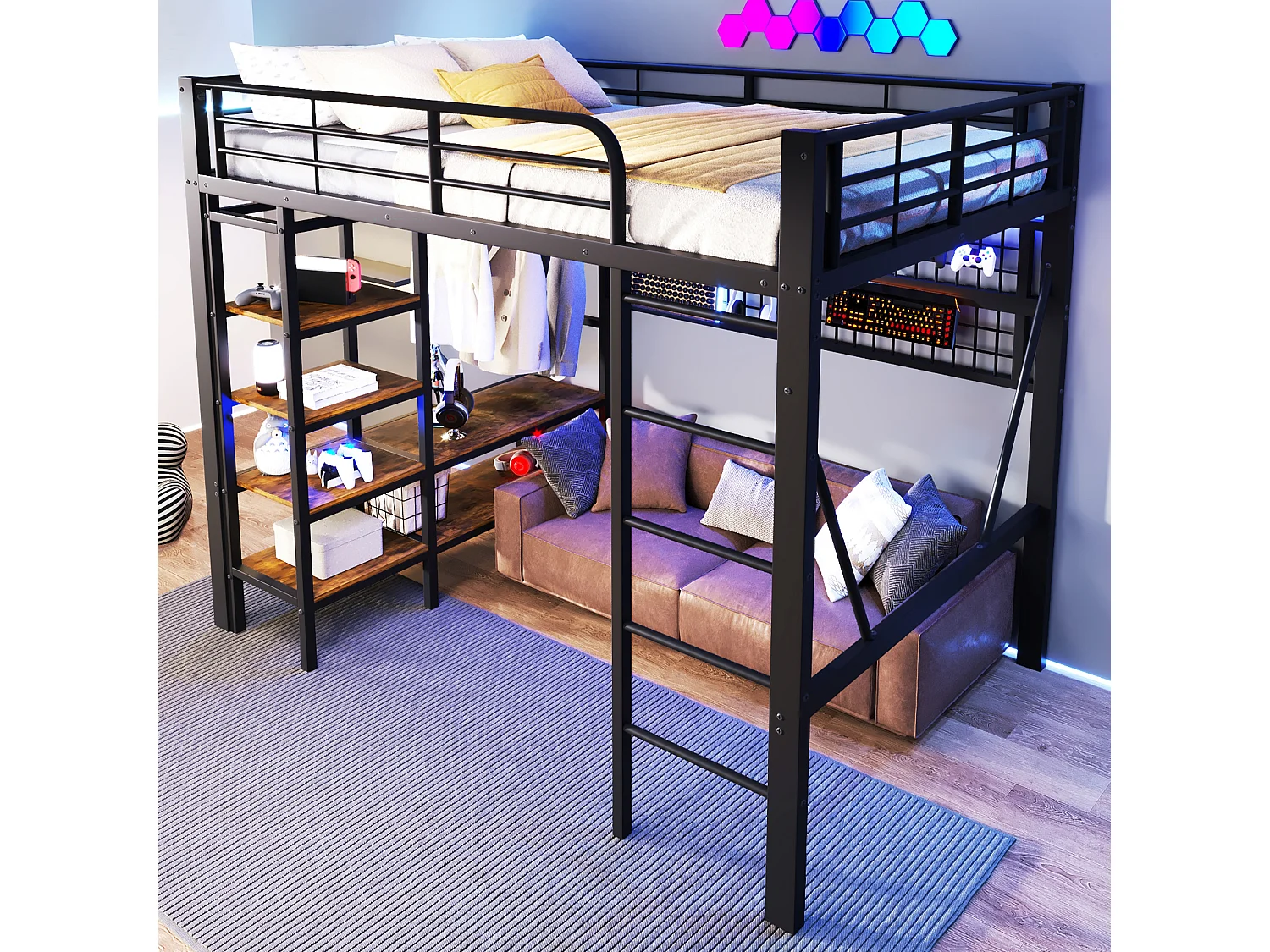 Lit Mezzanine 140x200cm - Multifonction avec Rangements - LED Intégrées - Filet Suspendu et Barre pour Vêtements - Structure Métallique - Noir
