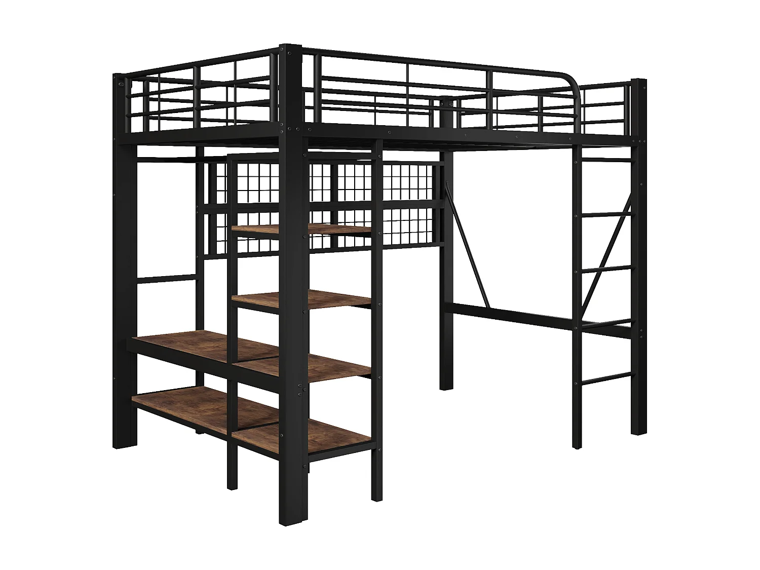 Lit Mezzanine 140x200cm - Multifonction avec Rangements - LED Intégrées - Filet Suspendu et Barre pour Vêtements - Structure Métallique - Noir