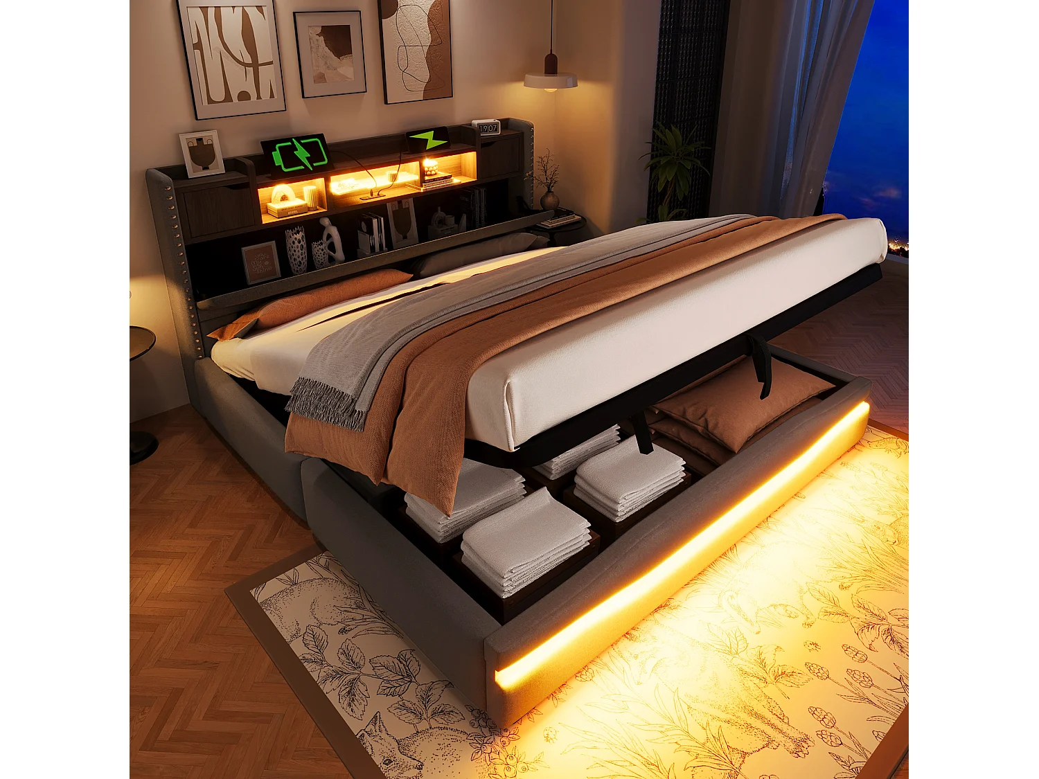 Lit coffre 180x200 cm gris avec LED sous le lit, ports USB-C, tête de lit avec rangement, sommier hydraulique, sans matelas