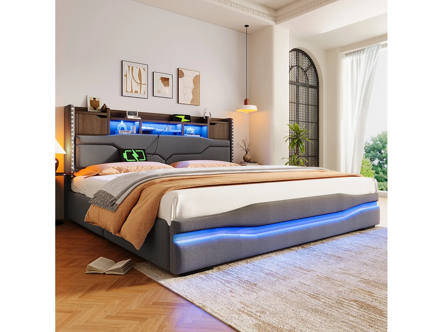 Lit coffre 180x200 cm gris avec LED sous le lit, ports USB-C, tête de lit avec rangement, sommier hydraulique, sans matelas