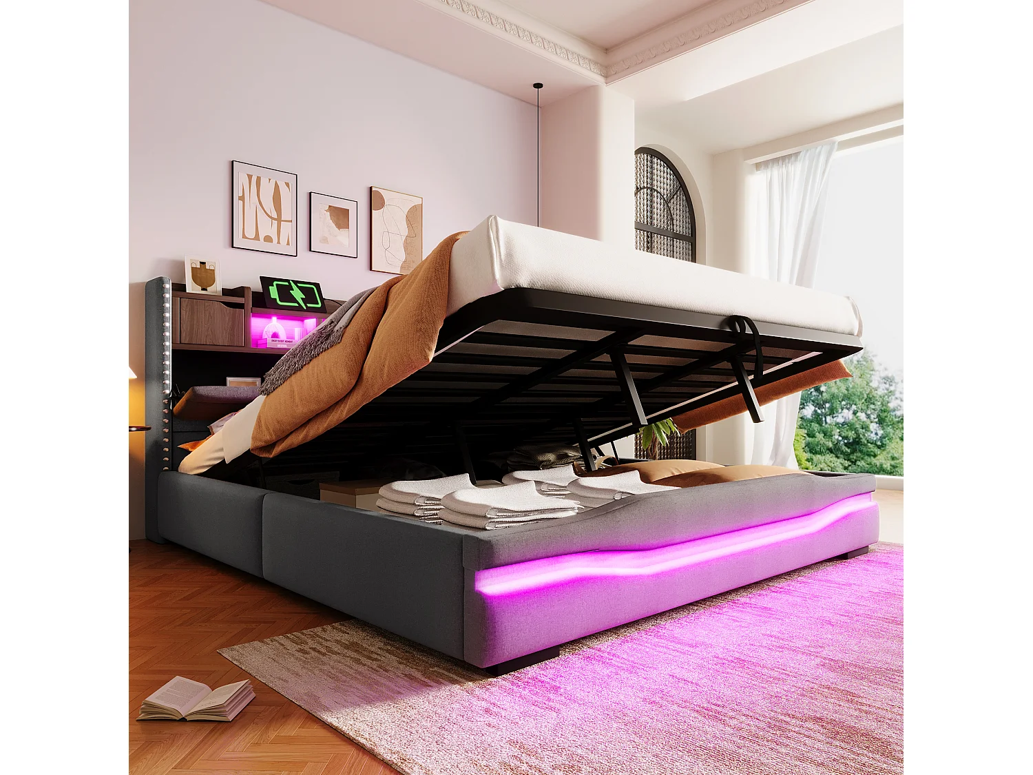 Lit coffre 180x200 cm gris avec LED sous le lit, ports USB-C, tête de lit avec rangement, sommier hydraulique, sans matelas