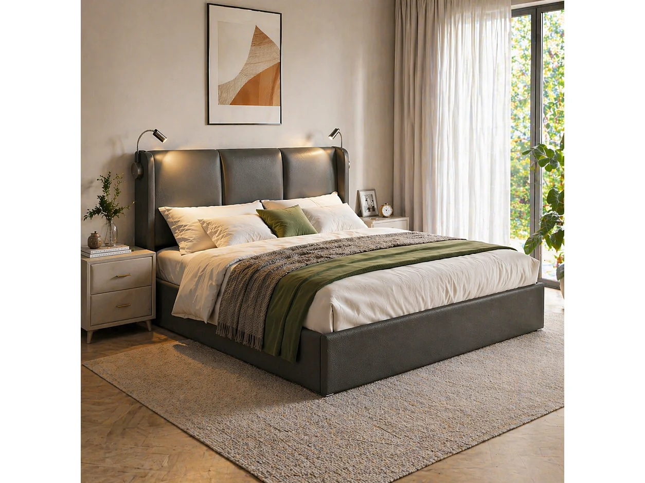 Lit coffre double 160x200 cm en PU avec matelas, lampe de lecture, port USB, tête de lit et sommier à lattes