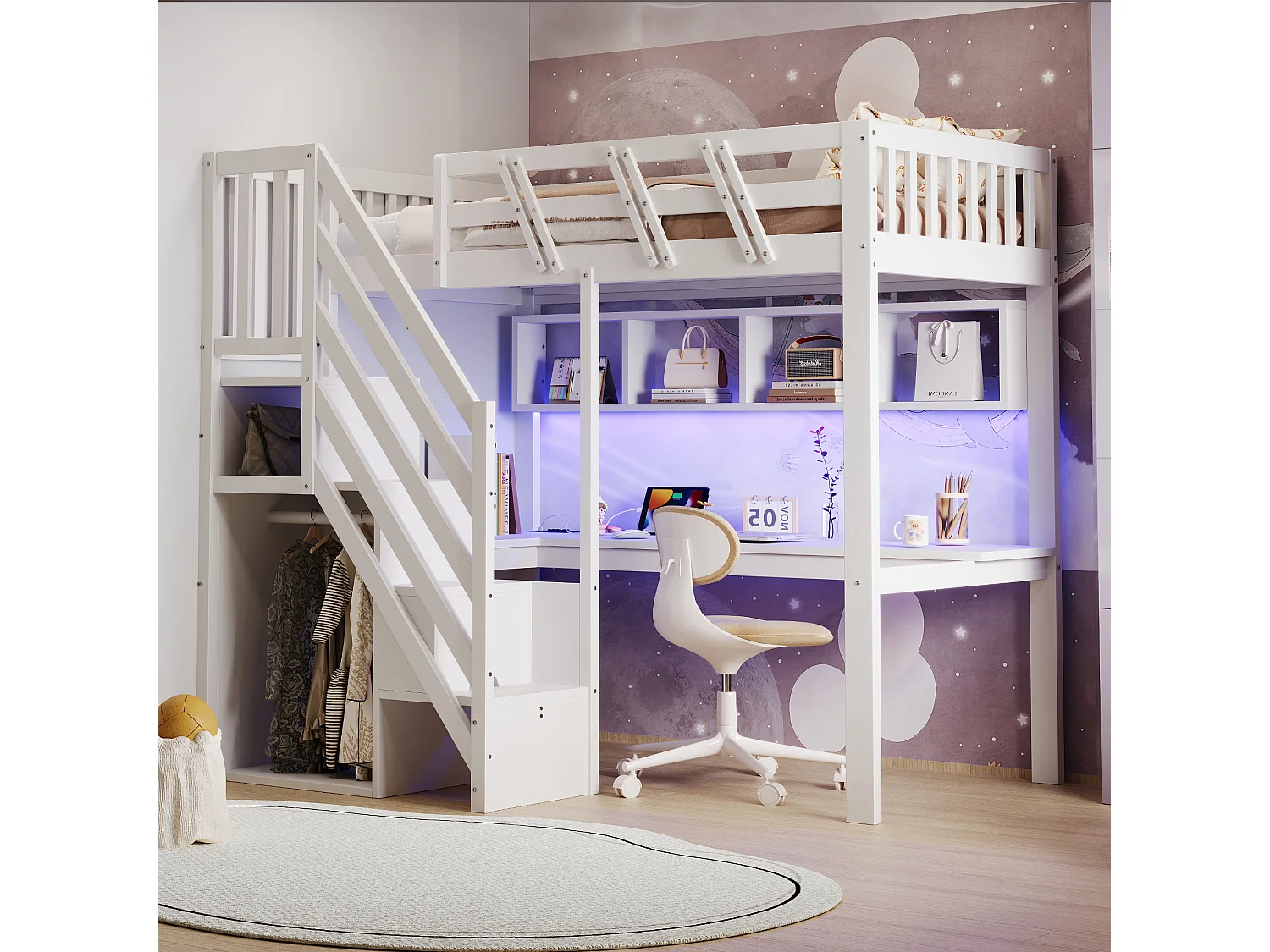 Lit mezzanine 90x200 cm en bois massif avec bureau escalier rangement prises USB éclairage LED, lit enfant ado gain de place, structure bois blanc