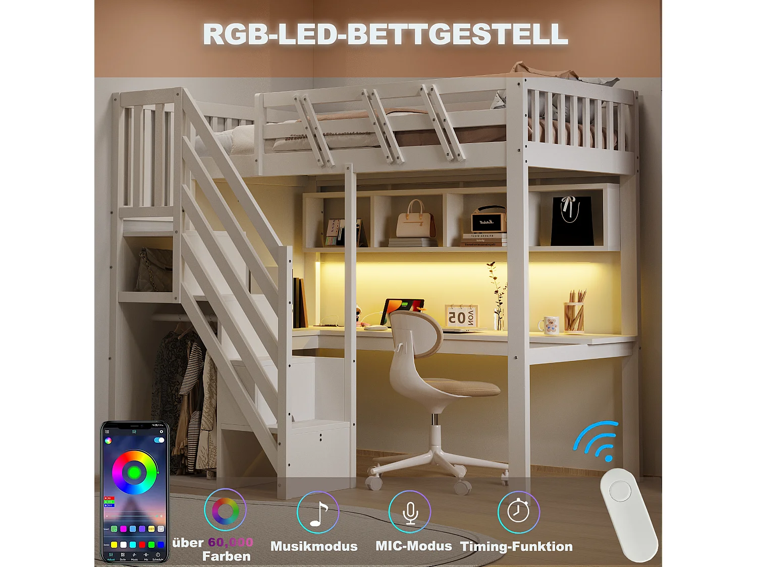 Lit mezzanine 90x200 cm en bois massif avec bureau escalier rangement prises USB éclairage LED, lit enfant ado gain de place, structure bois blanc