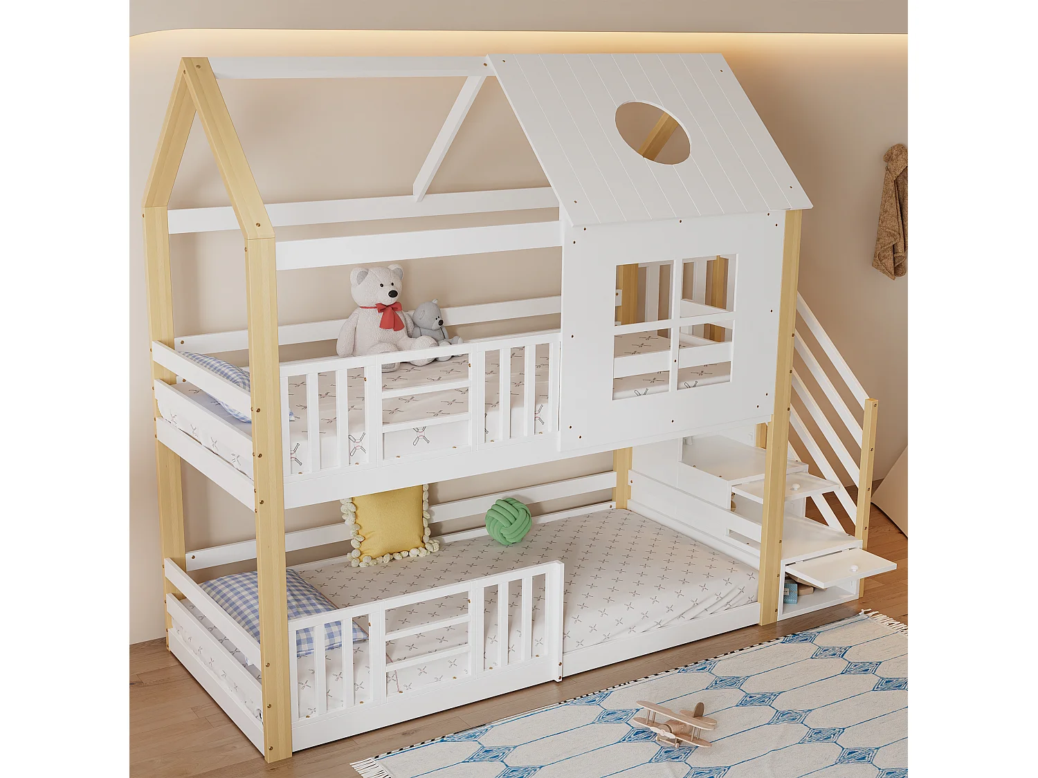 Lit enfant superposé 90x200 cm blanc/naturel avec escalier rangement, toit cabane, fenêtre et barrière de sécurité