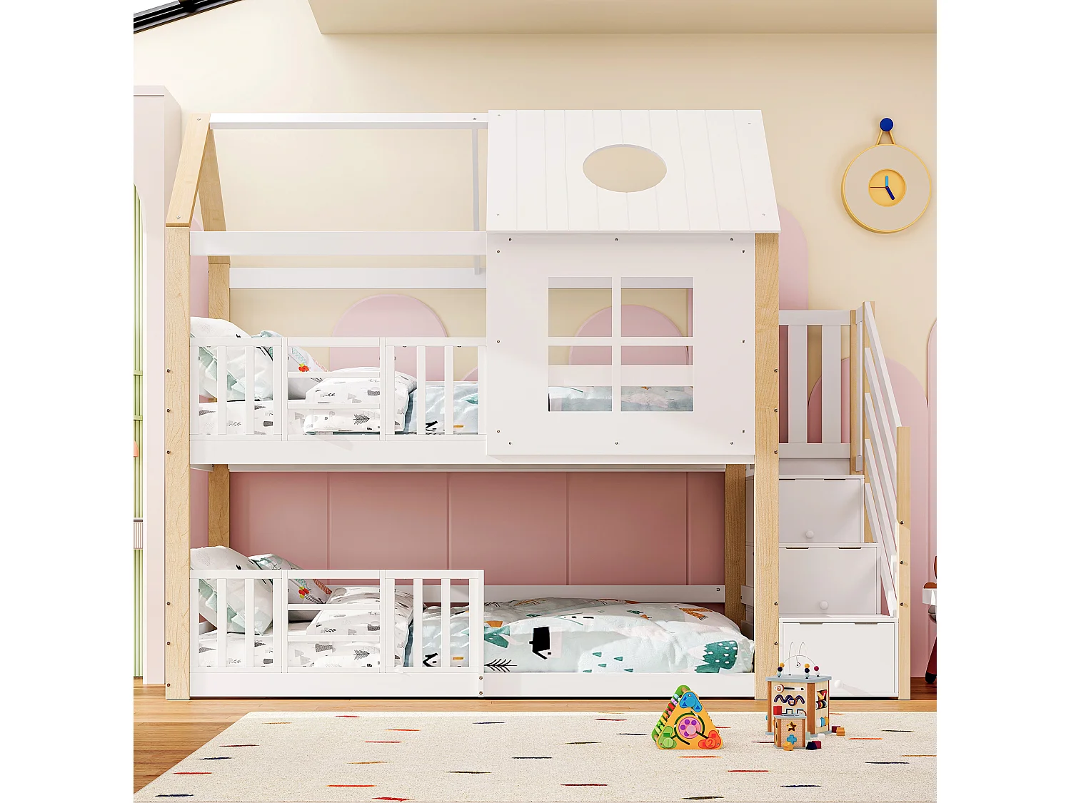 Lit enfant superposé 90x200 cm blanc/naturel avec escalier rangement, toit cabane, fenêtre et barrière de sécurité