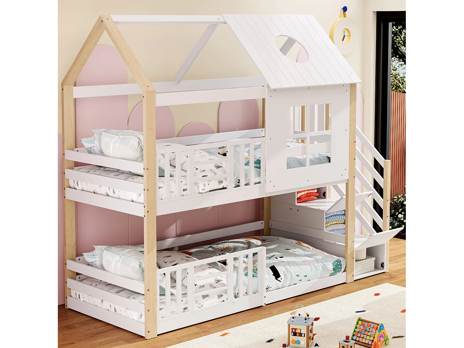 Lit enfant superposé 90x200 cm blanc/naturel avec escalier rangement, toit cabane, fenêtre et barrière de sécurité