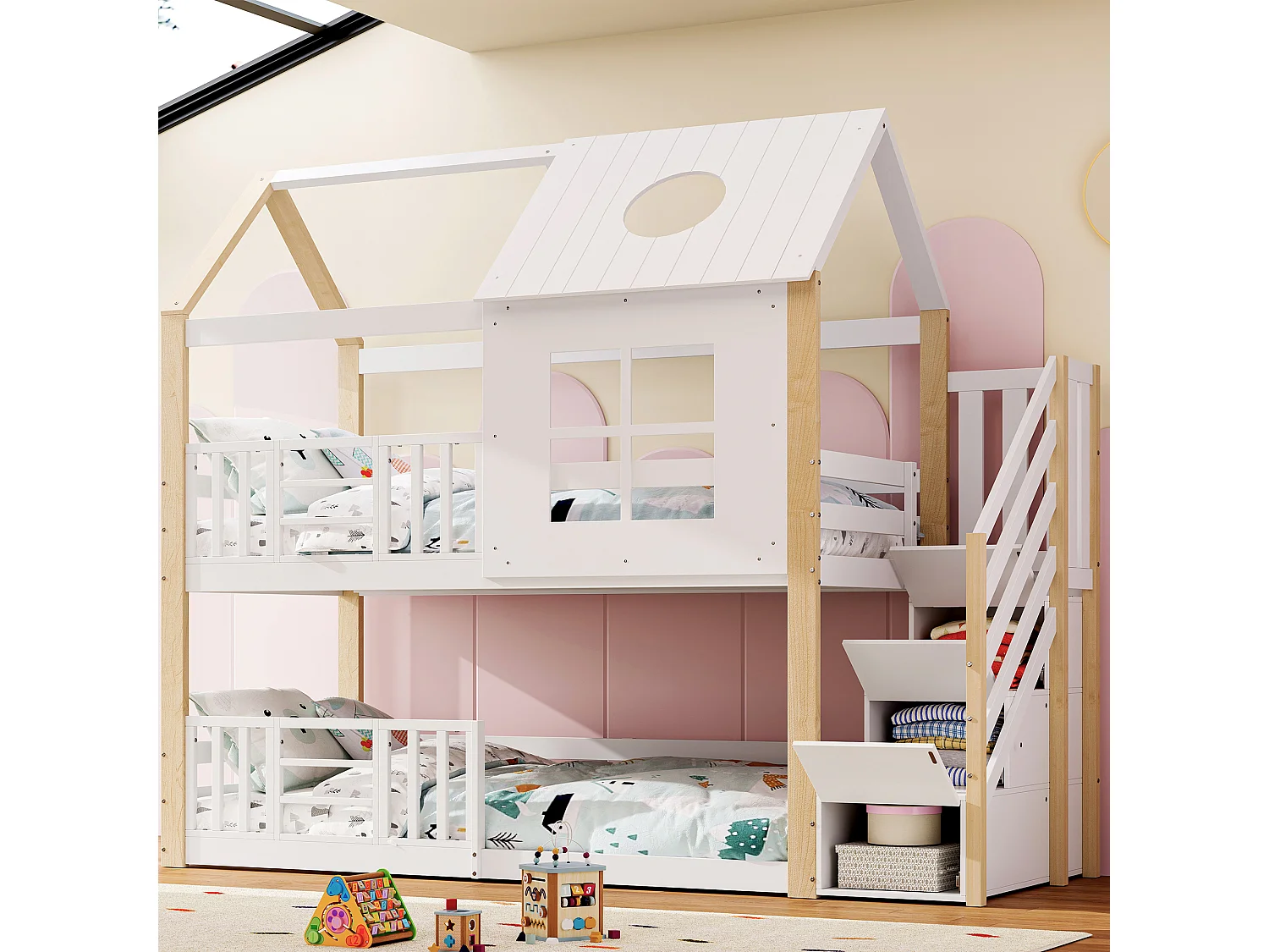 Lit enfant superposé 90x200 cm blanc/naturel avec escalier rangement, toit cabane, fenêtre et barrière de sécurité