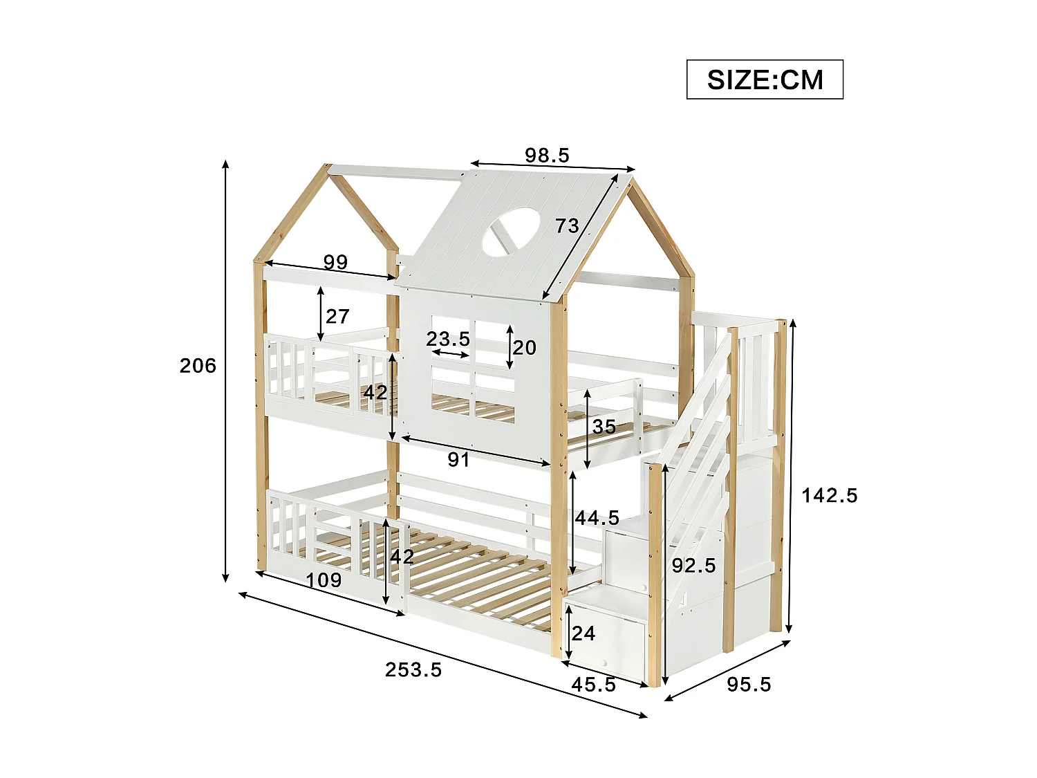 Lit enfant superposé 90x200 cm blanc/naturel avec escalier rangement, toit cabane, fenêtre et barrière de sécurité