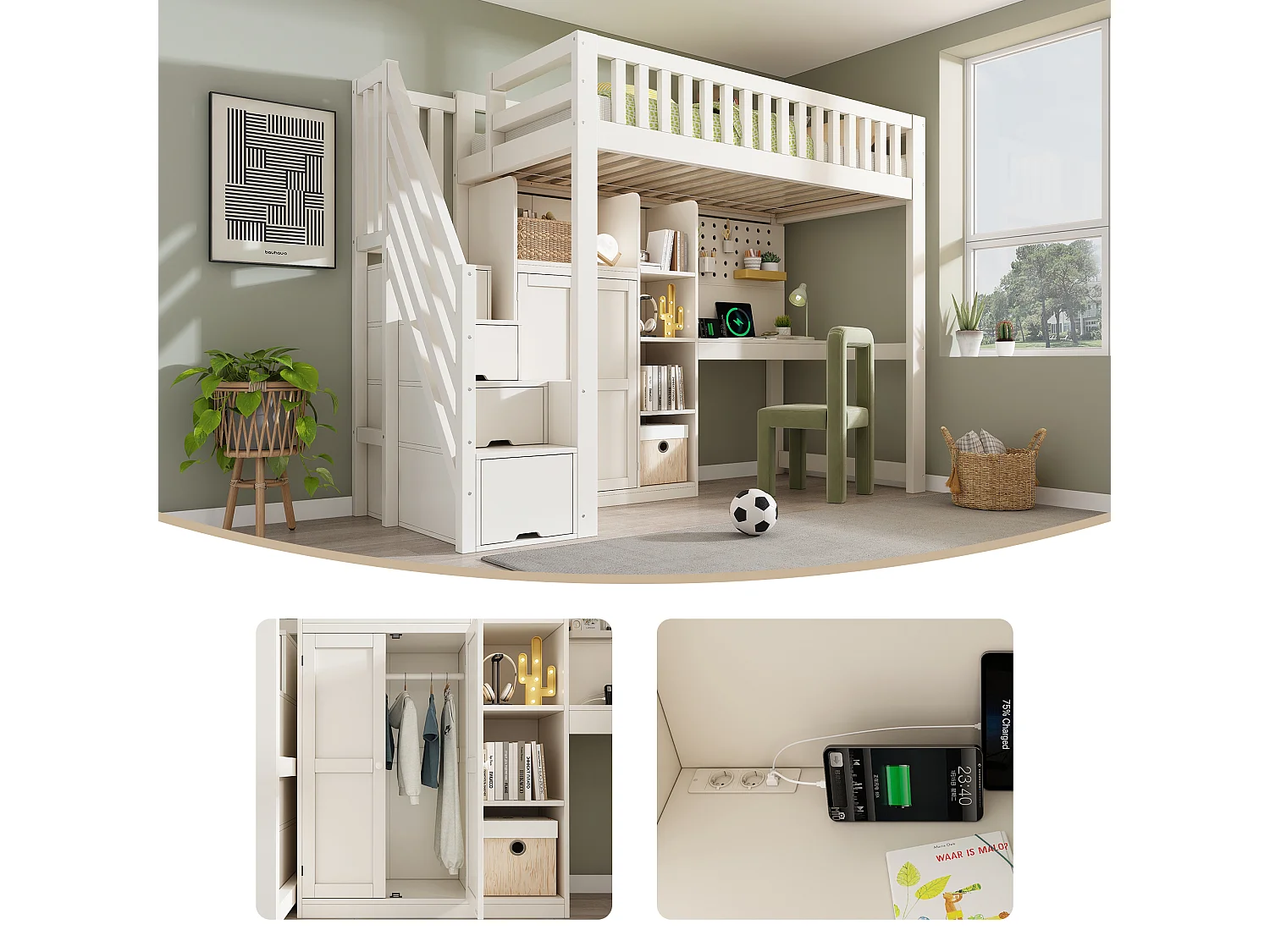 Lit mezzanine enfant 90x200cm avec bureau armoire échelle étagères ports USB USB C sommier, solution gain de place tout en un chambre, blanc