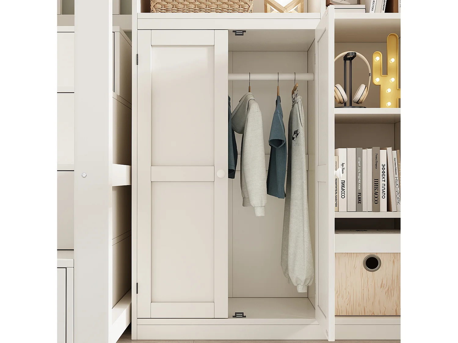 Lit mezzanine enfant 90x200cm avec bureau armoire échelle étagères ports USB USB C sommier, solution gain de place tout en un chambre, blanc