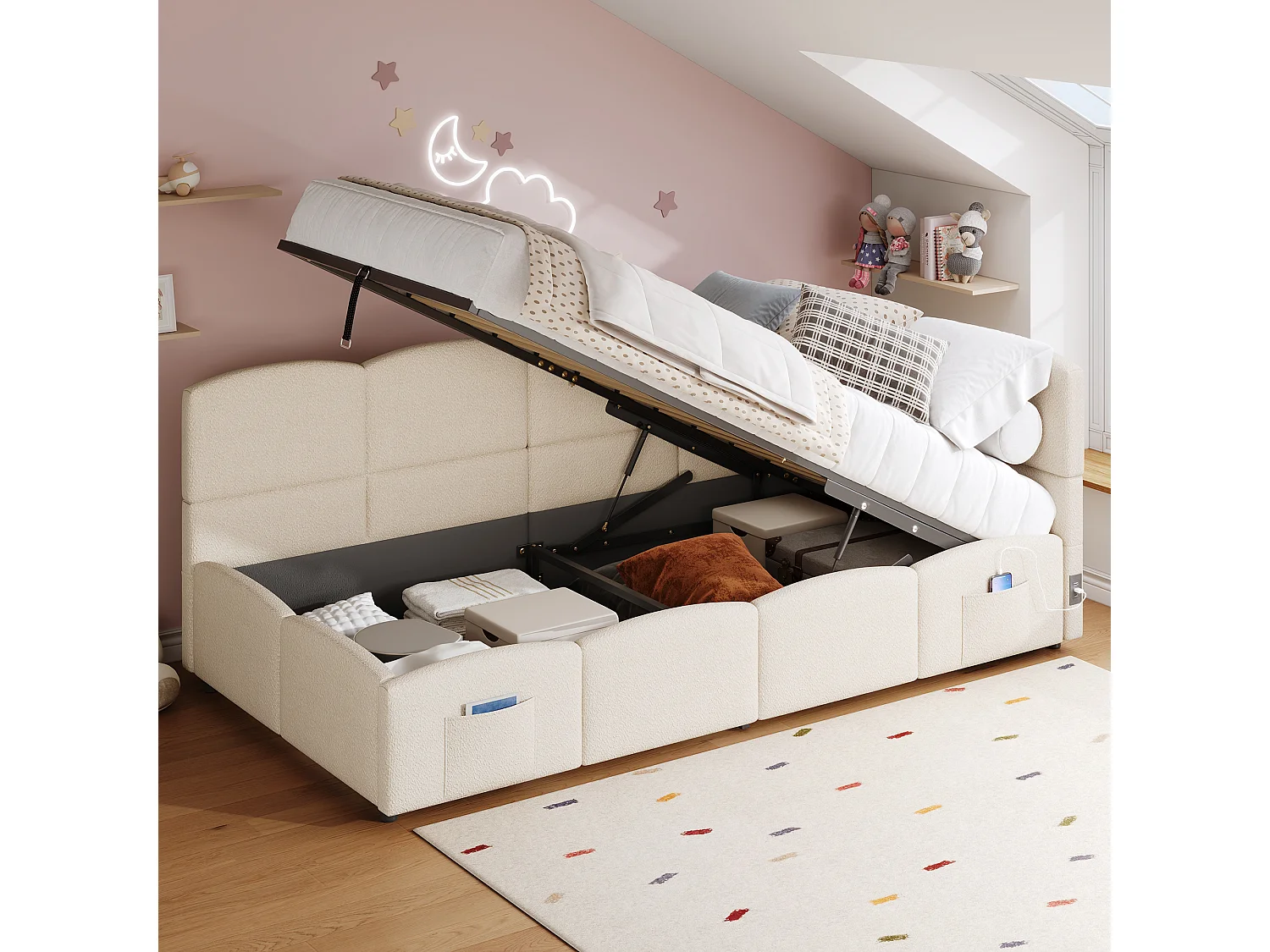 Lit de jour simple 90x200 cm en bouclé beige avec rangement, USB, sommier à lattes, lit enfant/ado/adulte sans matelas