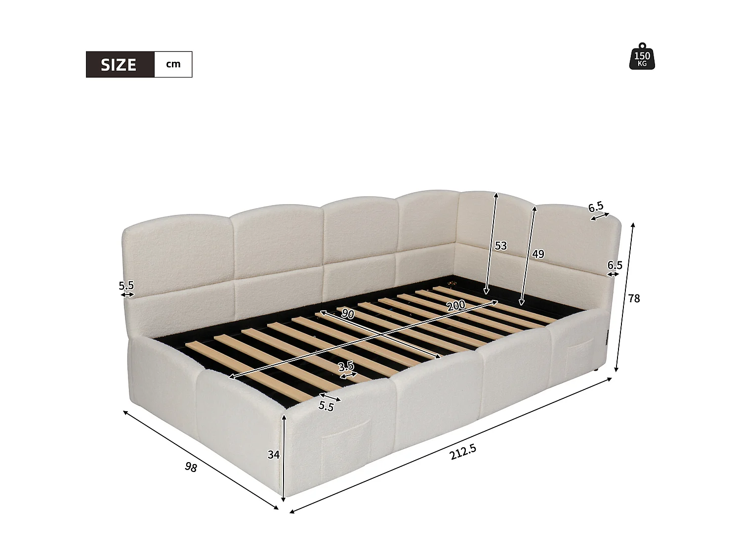 Lit de jour simple 90x200 cm en bouclé beige avec rangement, USB, sommier à lattes, lit enfant/ado/adulte sans matelas